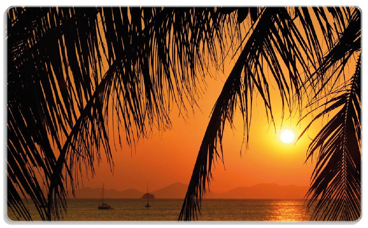 Wallario Frühstücksbrett Sonnenuntergang unter Palmenblättern, ESG-Sicherheitsglas, (inkl. rutschfester Gummifüße 4mm, 1-St), 14x23cm