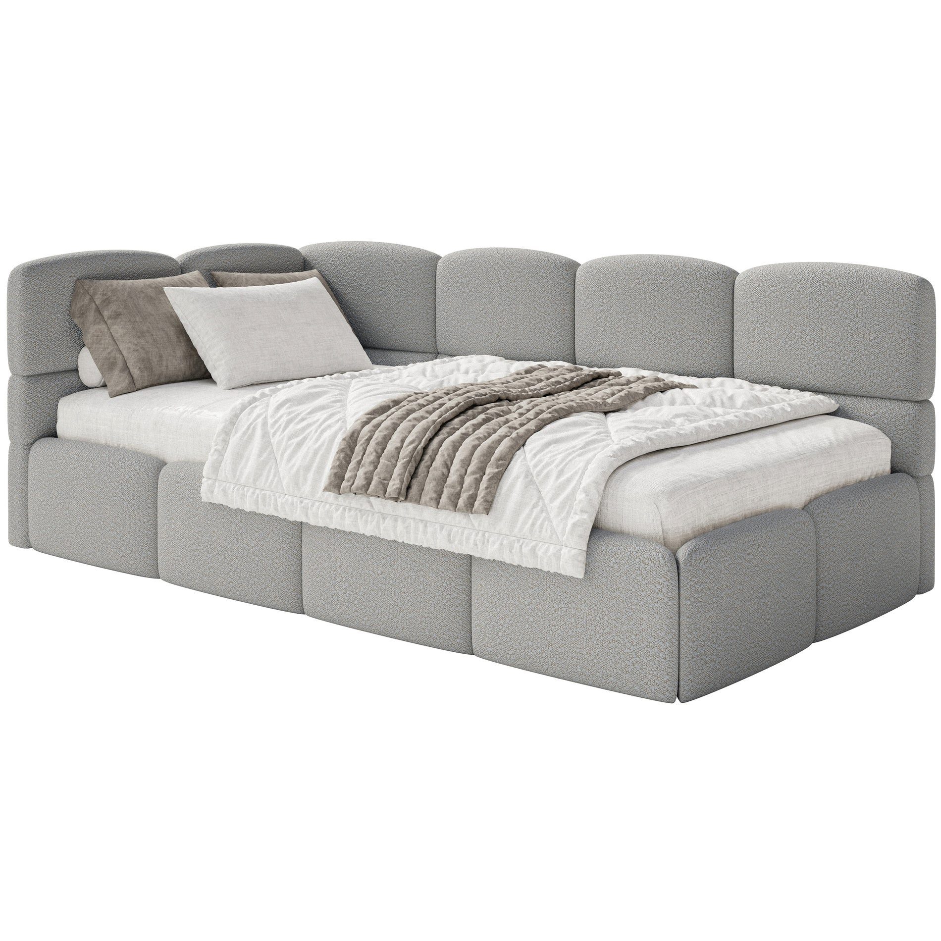 Selsey Jugendbett CLOUDY, mit Lattenrost, Bettkasten und Eck-Kopfteil, Bouclé, 120x200 cm