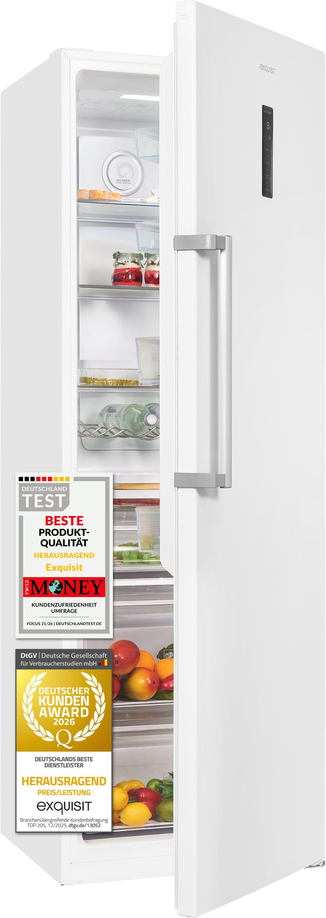 exquisit Kühlschrank KS360-V-HE-040C weiss, 185 cm hoch, 60 cm breit, Nie wieder abtauen: Vollraum-Kühlschrank mit No-Frost & LED