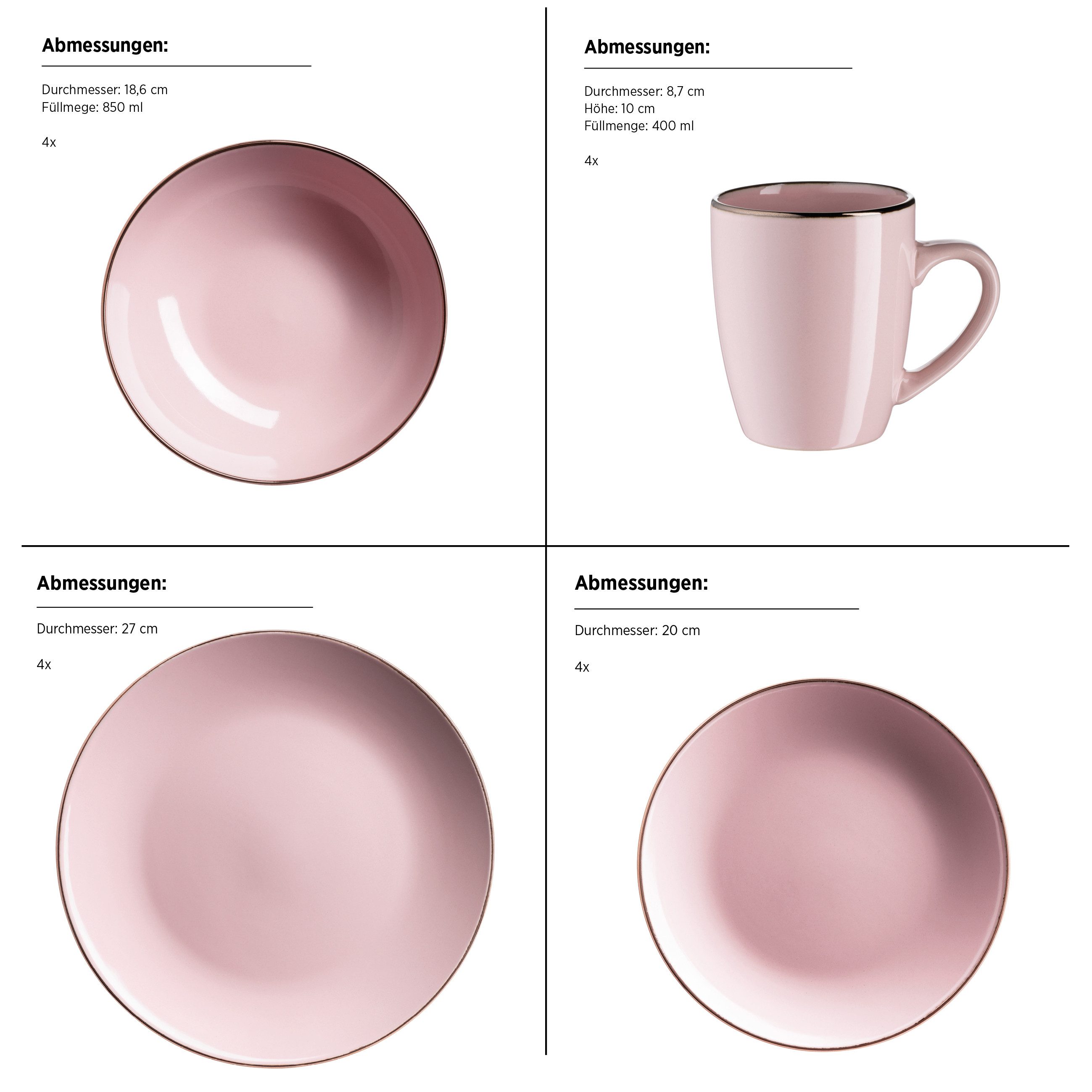 MÄSER Kombiservice METALLIC RIM (16-tlg), 4 Personen, Steinzeug