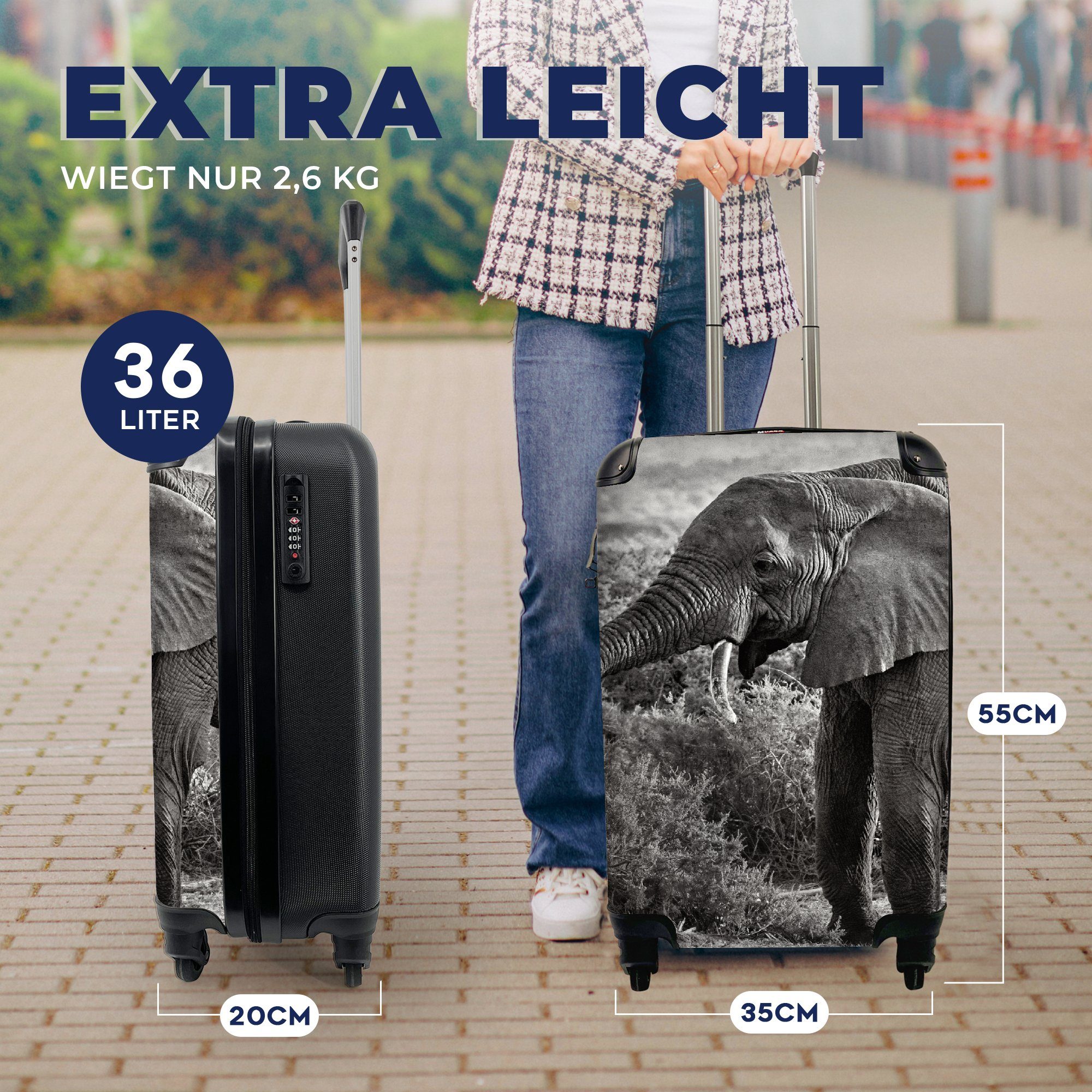 - Tiere MuchoWow Elefant mit Reisetasche Trolley, Schwarz für Bäume Reisekoffer Handgepäck 4 Weiß, - Rollen, Handgepäckkoffer Ferien, - rollen, -
