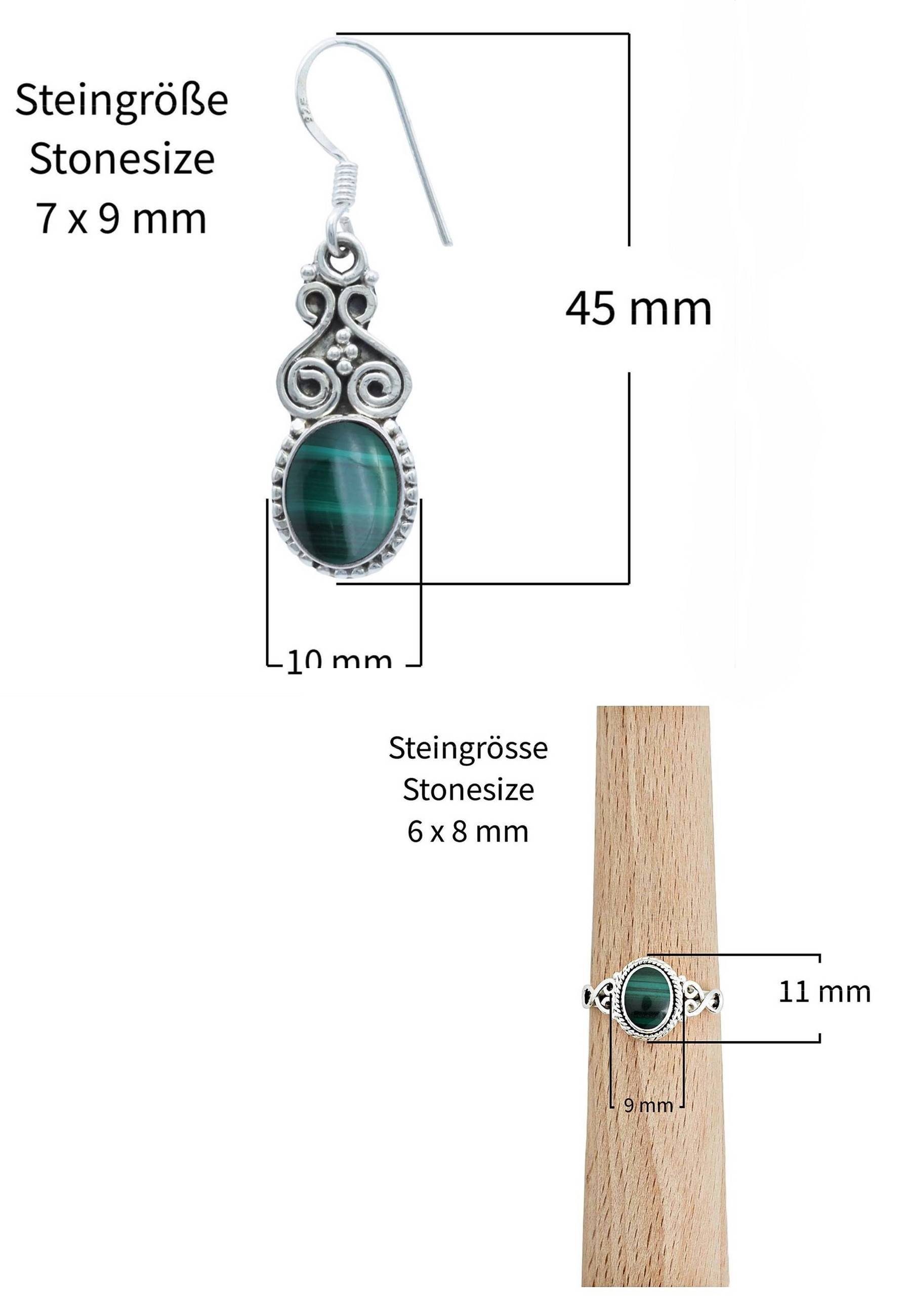 mantraroma Schmuckset 925er Silber mit Malachit (Schmuckset aus 925 Silber)