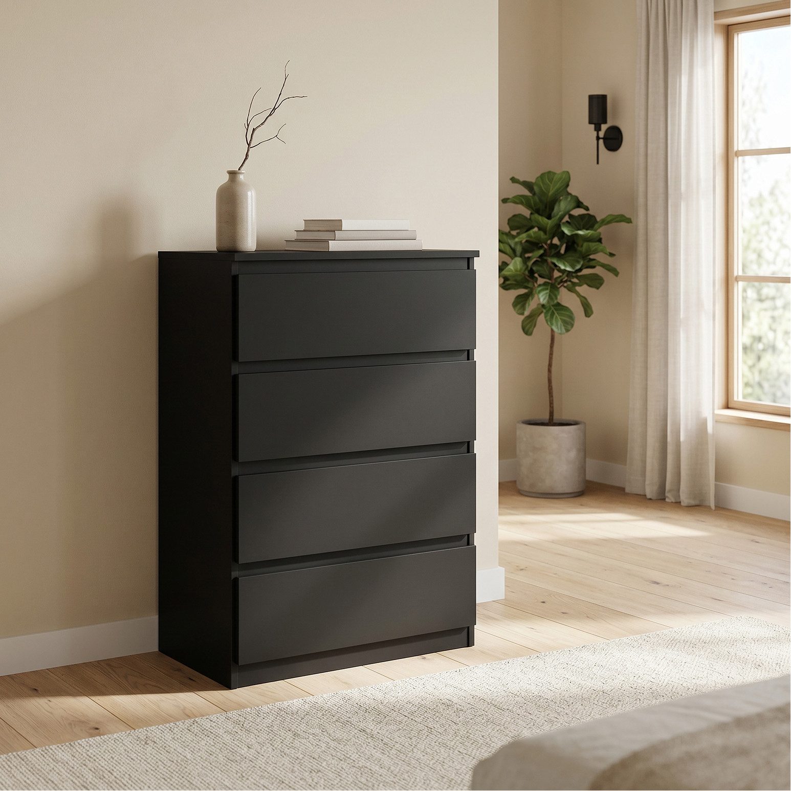 Masseno Kommode NUDO 70 cm Sideboard mit 4 Schubladen Schwarz