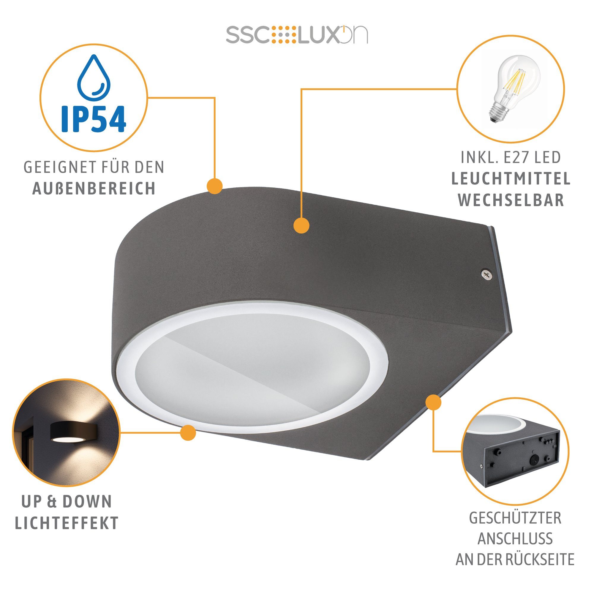 SSC-LUXon LED Aufbaustrahler E27 warmweiß 6W Warmweiß Wandleuchte Up LED Down Außen inkl. 230V, IP54 grau &