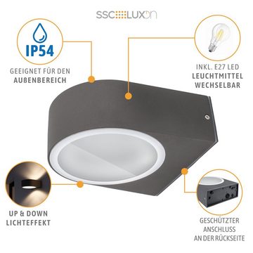 SSC-LUXon LED Aufbaustrahler Außen Wandleuchte Up & Down IP54 grau inkl. E27 LED 6W warmweiß 230V, Warmweiß