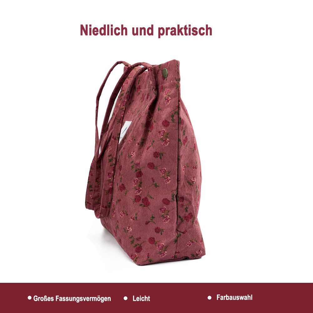 Zaewry Schultertasche Handtasche,Cord Tote, Canvas-Schultertaschen für Damen, Blümchentasche, Crossbody Mode Retro große Tasche, mit Innenfach für Arbeit,Reisen
