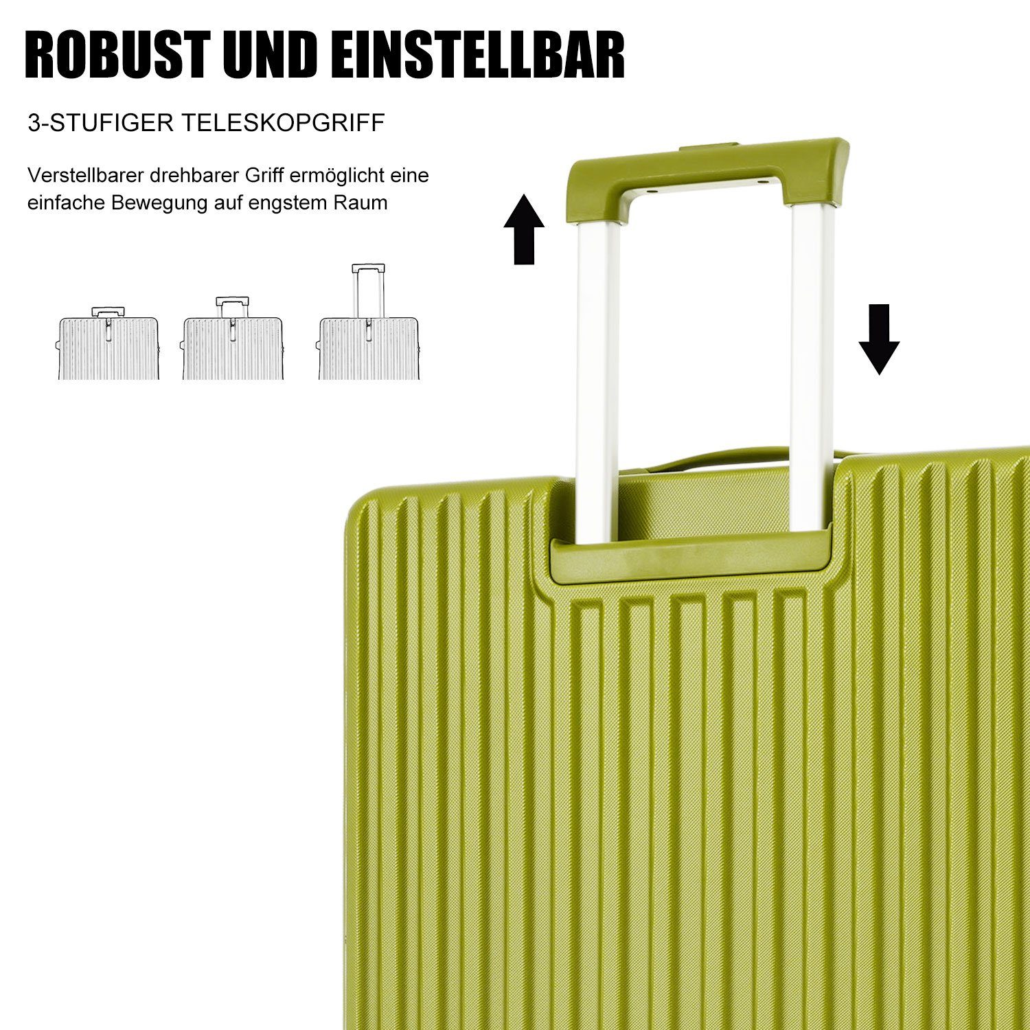 Kofferset Rollen, Ulife TSA tlg) ABS-Material, Zollschloss, Handgepäck Grün Trolleyset Reisekoffer (3 4