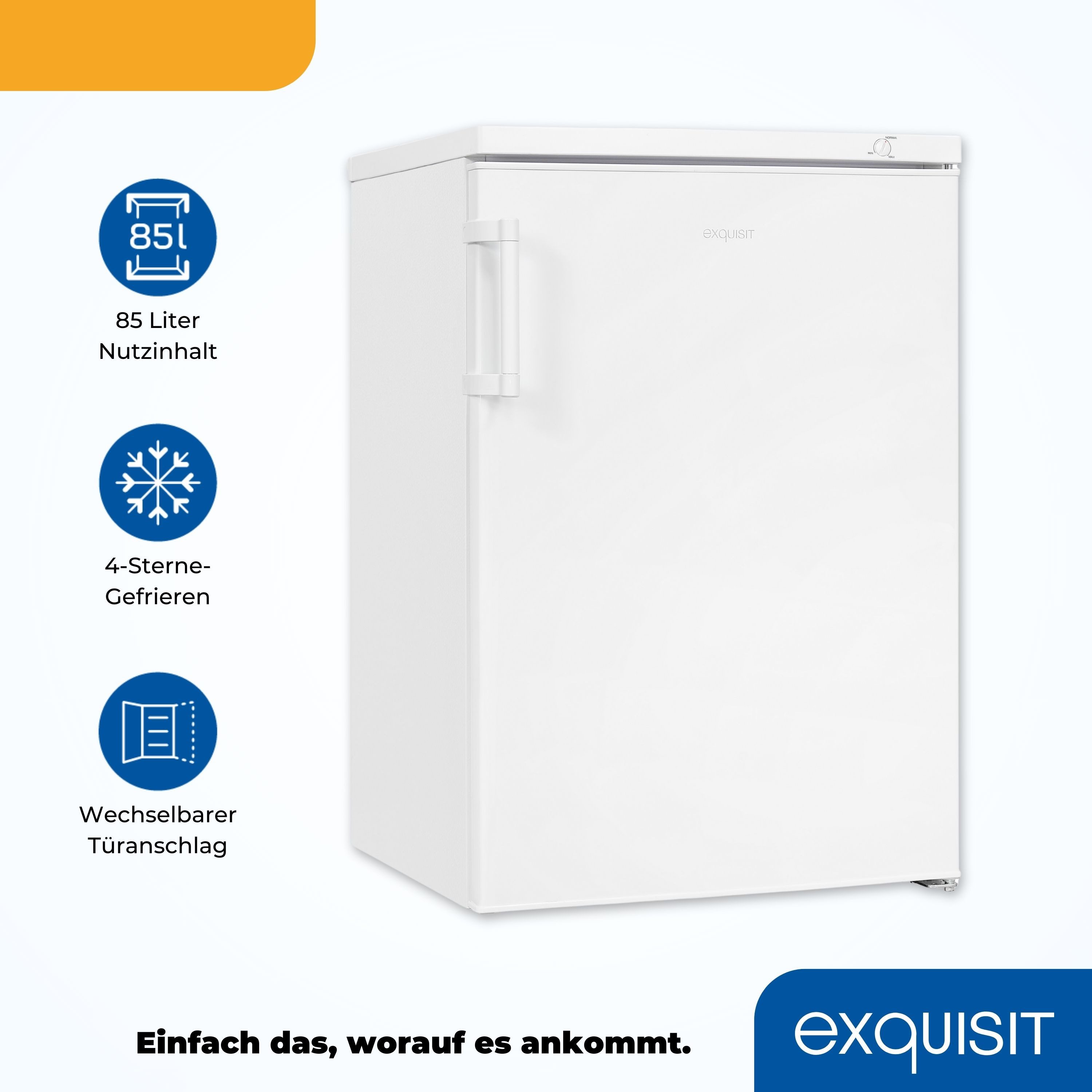 exquisit Gefrierschrank GS81-H-010E, 84,5 cm hoch, 56 cm breit, 4*-Gefrierschrank mit praktischem Griff – leicht & bequem zu öffnen
