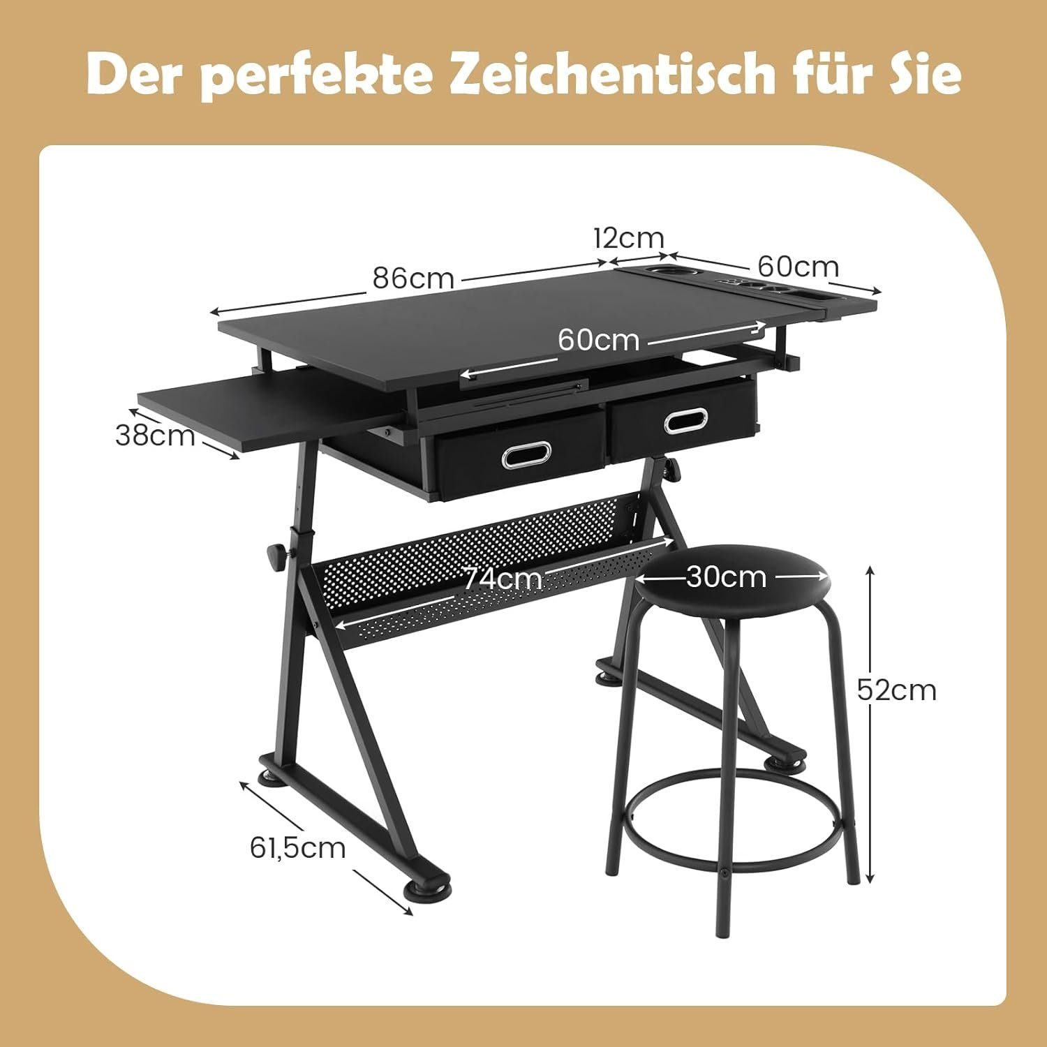 KOMFOTTEU Zeichentisch Schreibtisch mit Hocker 2-St), schwarz (Set, höhenverstellbar
