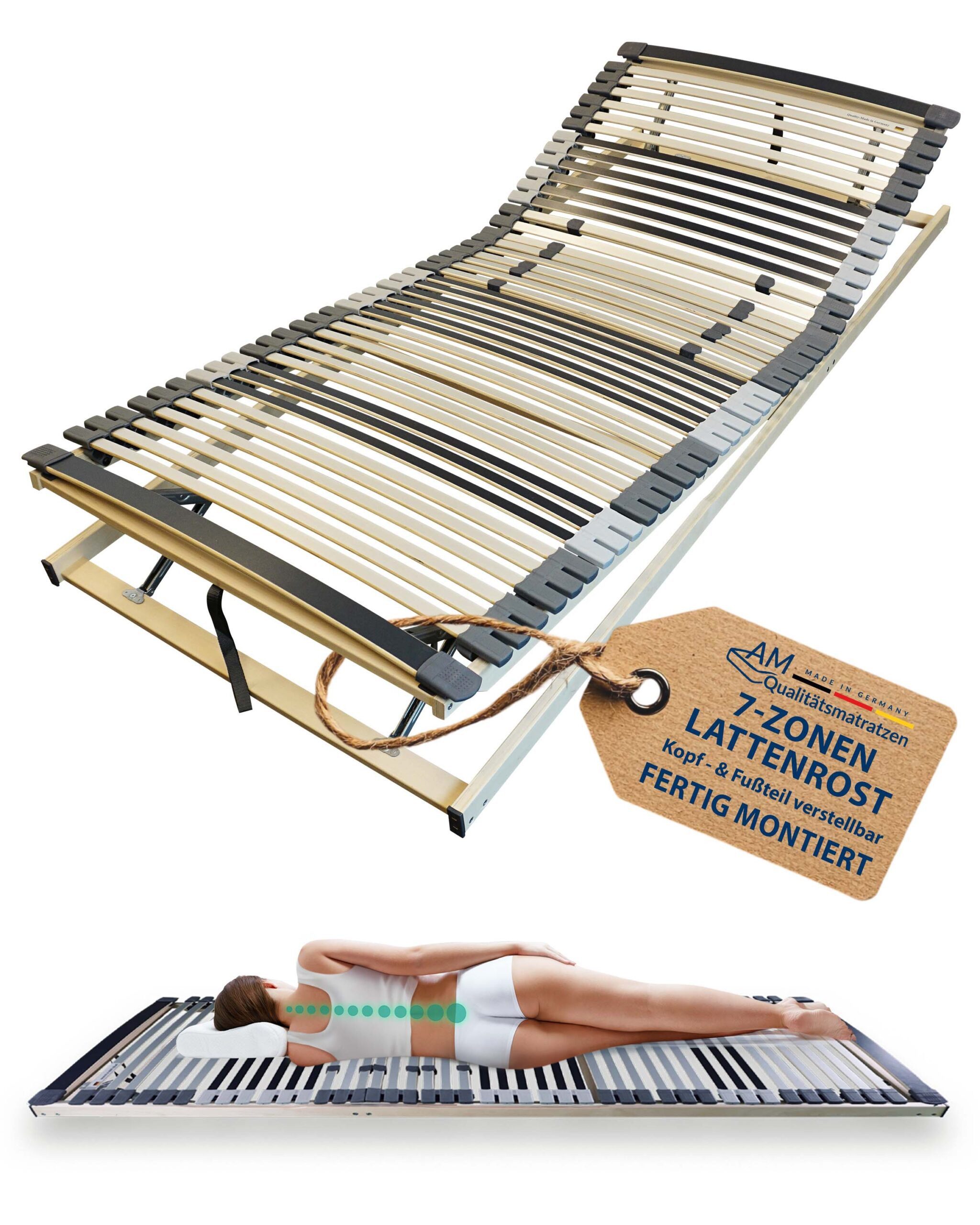 Lattenrost Ergonomischer 7-Zonen Lattenrost, Fertig Montiert, Manuell Verstellbar, AM Qualitätsmatratzen, Kopfteil Kopfteil 13-fach höhenverstellbar, Fußteil Fußteil 13-fach höhenverstellbar, 90x200 cm