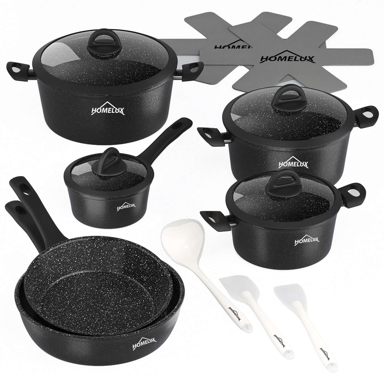 Scheffler Topf-Set Induktions Töpfe Set Schwarze Antihaftbeschichtung mit Glasdeckel, Aluminium (Set, 15-tlg., Topfset,3xKochtopf,1xSoßentopf,2xBratpfanne,4xGlasdeckel,5xZubehör), Antihaft-Beschichtung
