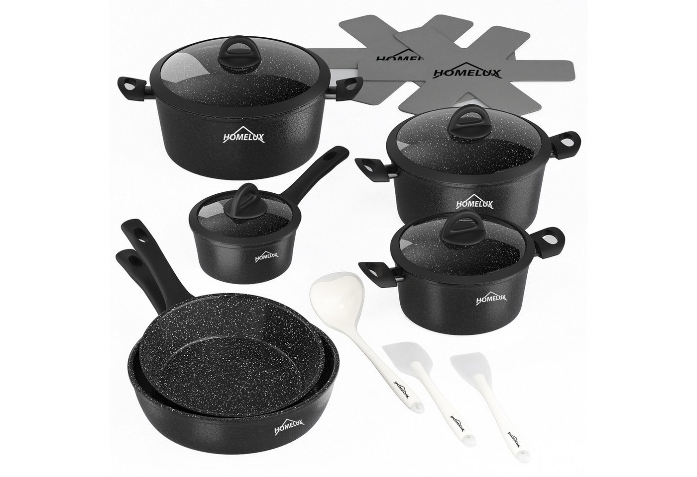 Scheffler Topf-Set Induktions Töpfe Set Schwarze Antihaftbeschichtung mit Glasdeckel, Aluminium (Set, 15-tlg., Topfset,3xKochtopf,1xSoßentopf,2xBratpfanne,4xGlasdeckel,5xZubehör), Antihaft-Beschichtung