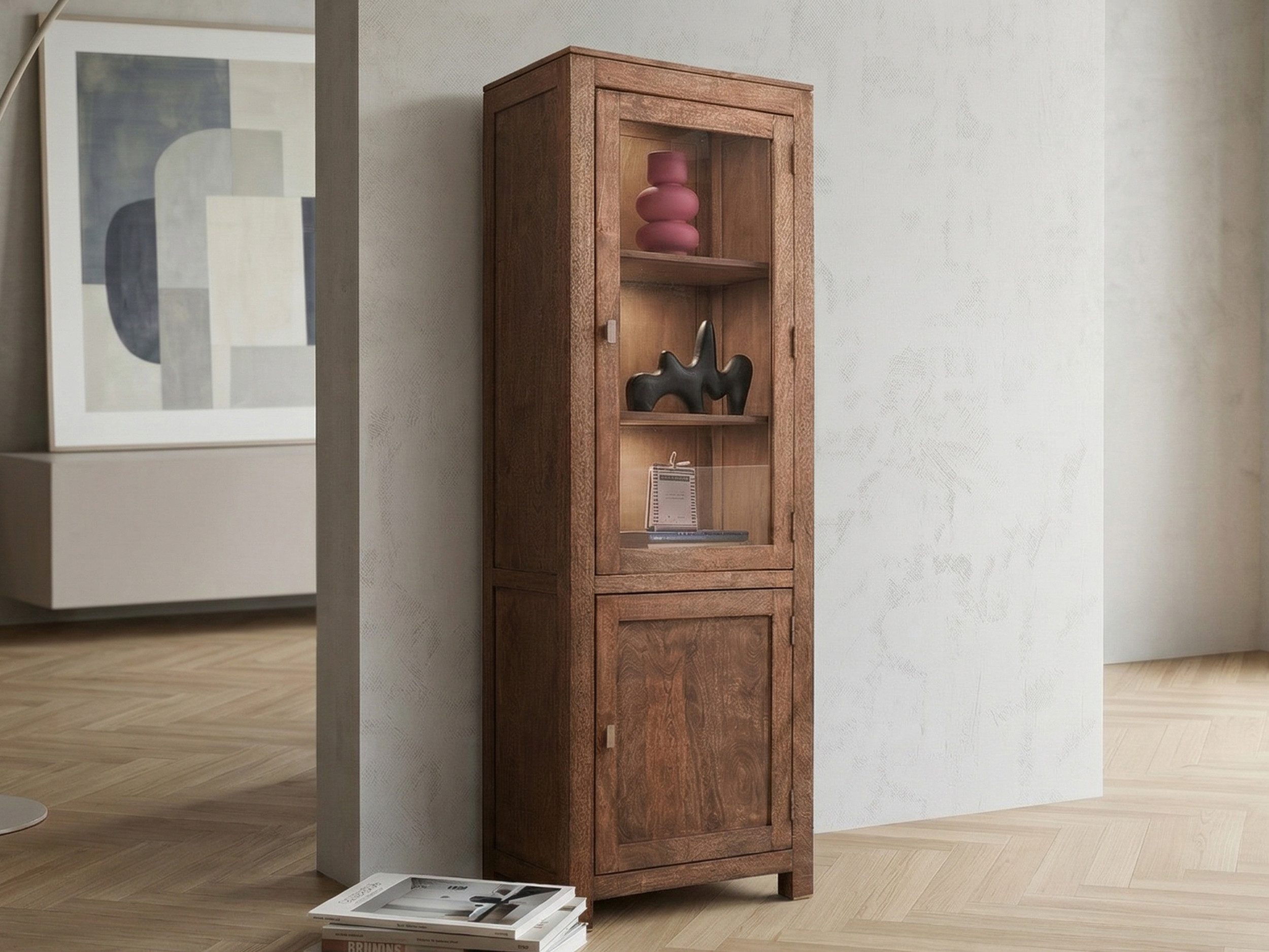 Massivart® Glasvitrine Vitrine, Höhe 190 cm, Massivholz Mangoholz gebeizt »MANGALA« montiert · 2 Türen · Metallgriffe · Standvitrine
