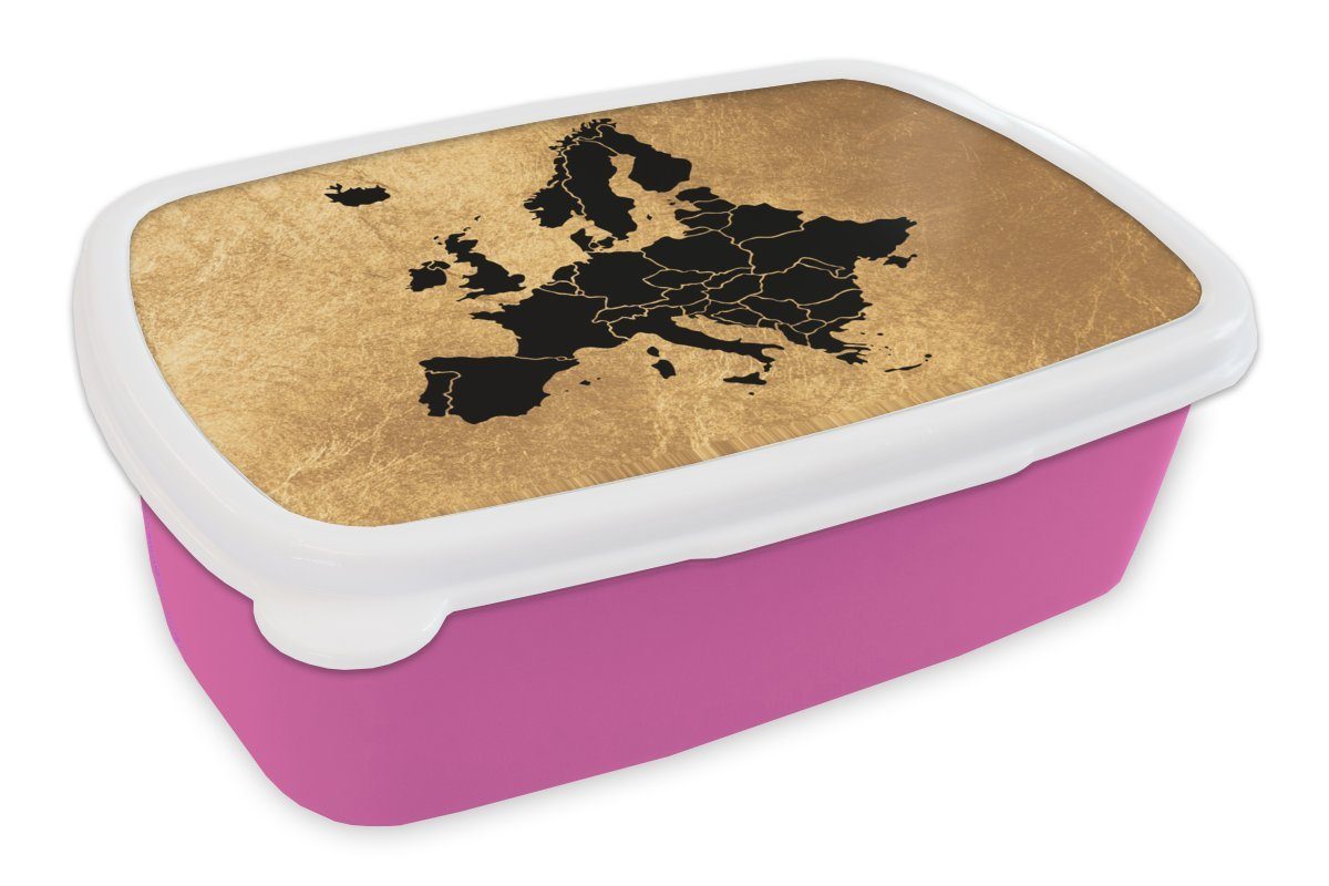 MuchoWow Lunchbox Karte von Europa - Schwarz und Gold, Kunststoff, (2-tlg), Brotbox für Erwachsene, Brotdose Kinder, Snackbox, Mädchen, Kunststoff rosa