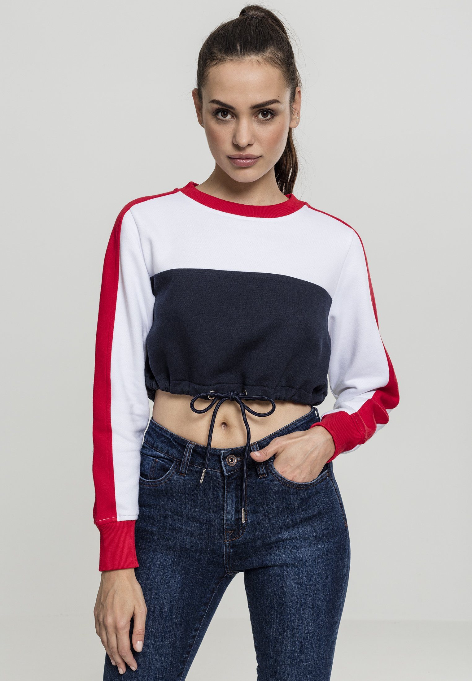 Sweater Stripe URBAN 3-Tone CLASSICS navy/white/firered Damen (1-tlg) Cropped Crew Ladies