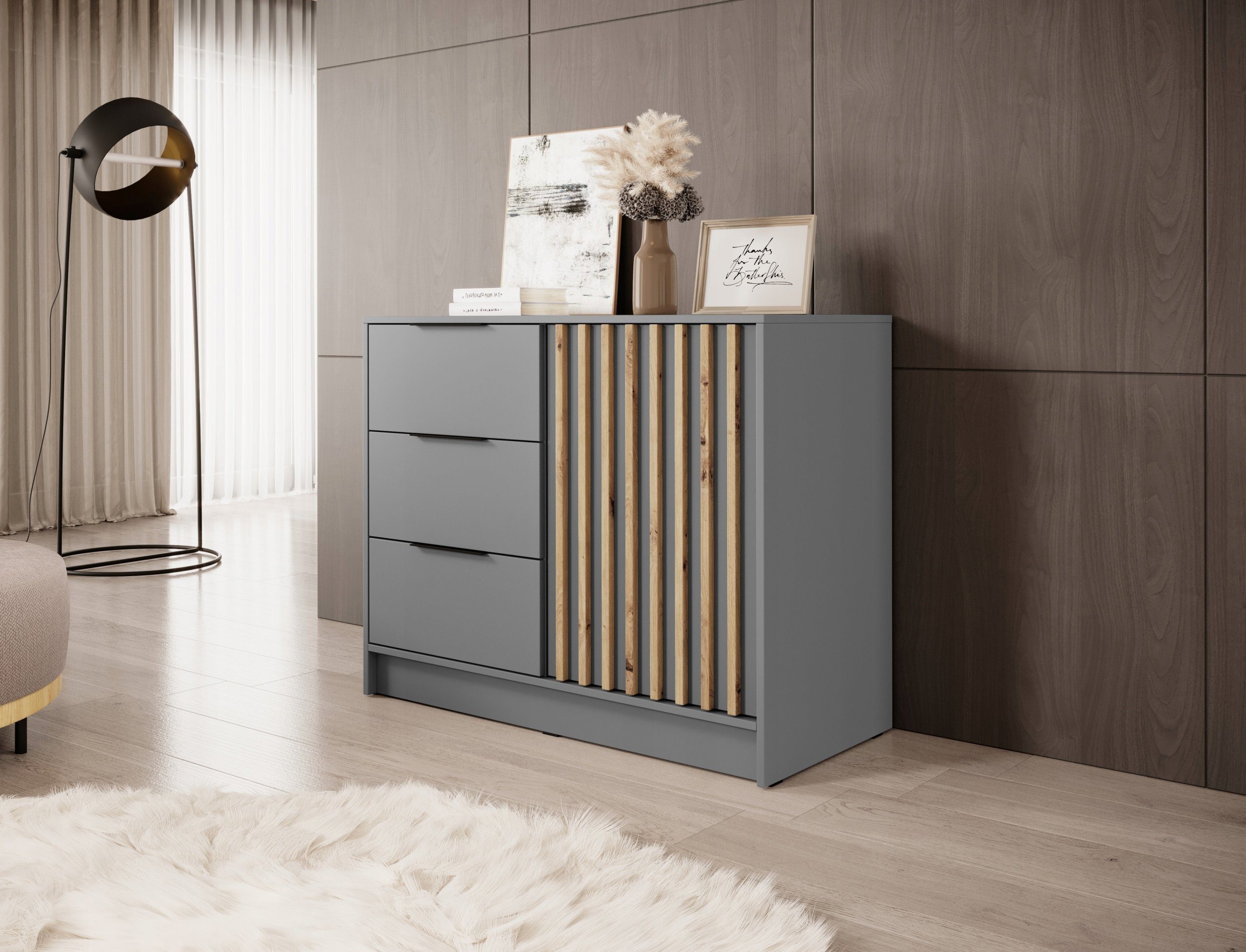 MOEBLO Kommode JOHN 2D (dekorative Lamellen Schrank Sideboard mit Türen und 3 Schubladen, Moderne Wohnzimmer Schlafzimmer Möbel Kommode für Wohnzimmer), (BxHxT): 105x86x45 cm