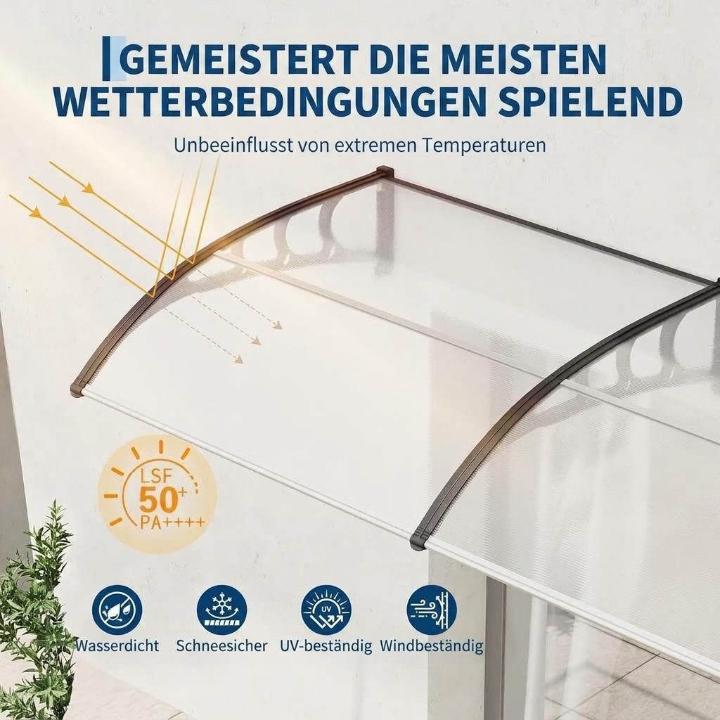 GarveeMore Anbaudach für Haustür,Überdachung Haustür aus Aluminium und Polycarbonat, BxT: 150x100 cm, Transparentes Pultbogenvordach,Regen Schnee Sonnenschutz