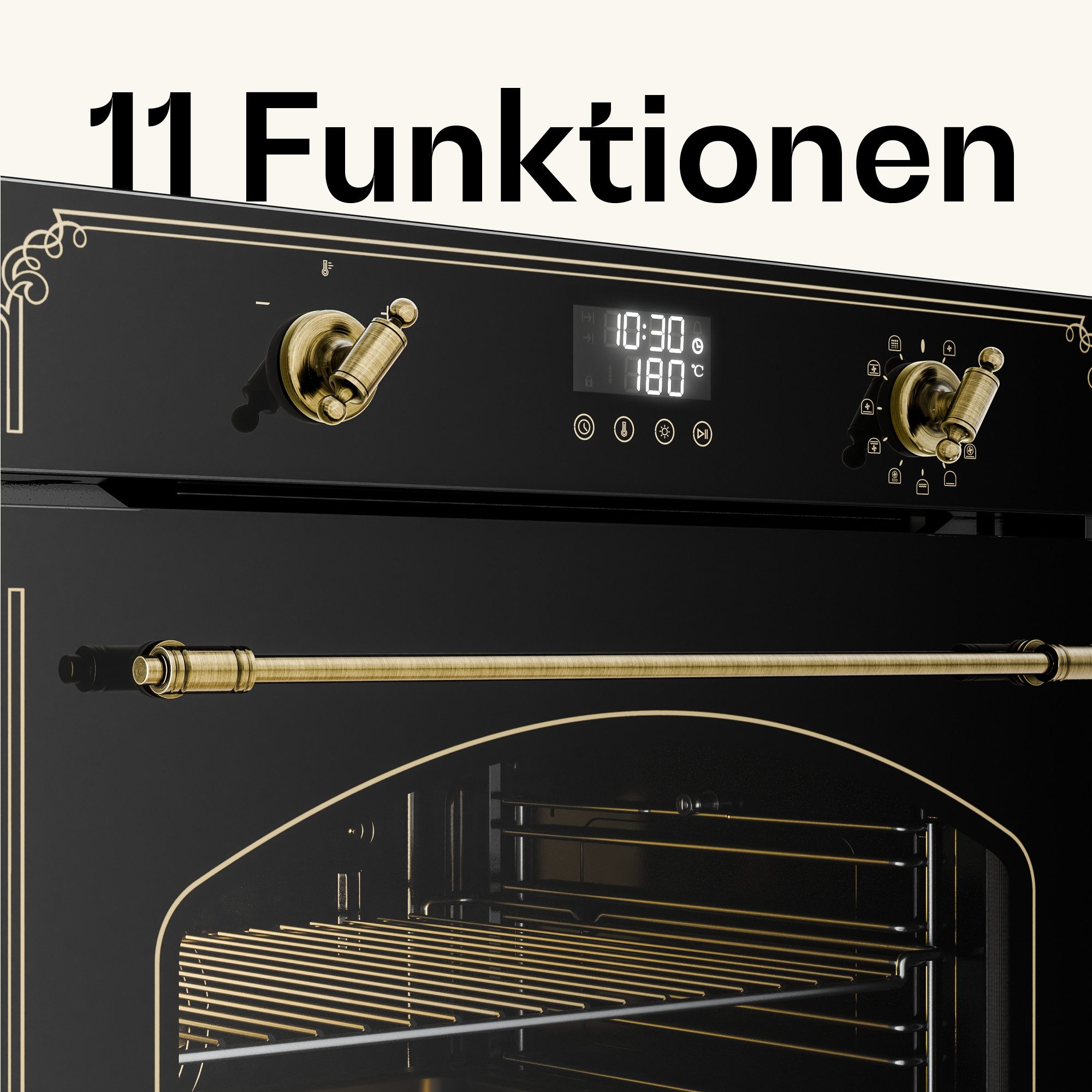 Klarstein Backofen Victoria Pyro-Backofen 76L 60cm 3150W 11 Funktionen Pyrolyse Retro A Victoria, Pyrolyse-Backofen 76L Retro mit Drehregler & 11 Modi – Bild 4 von 5