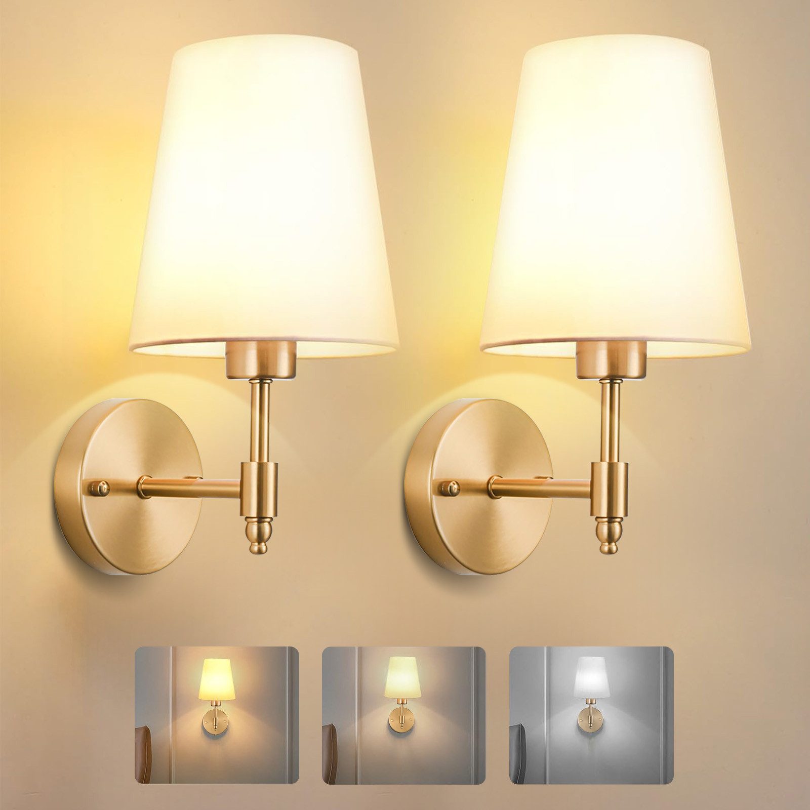 MUPOO Wandleuchte Kabellose Gold Wandleuchten mit Weißem Stoffschirm & 1 Gl günstig online kaufen