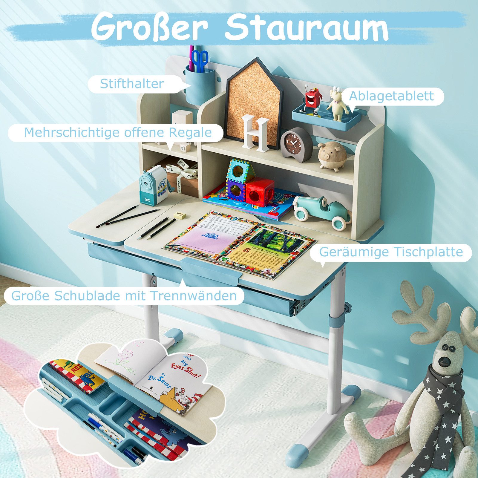 COSTWAY Kinderschreibtisch höhenverstellbar & neigbar, mit Schubladen