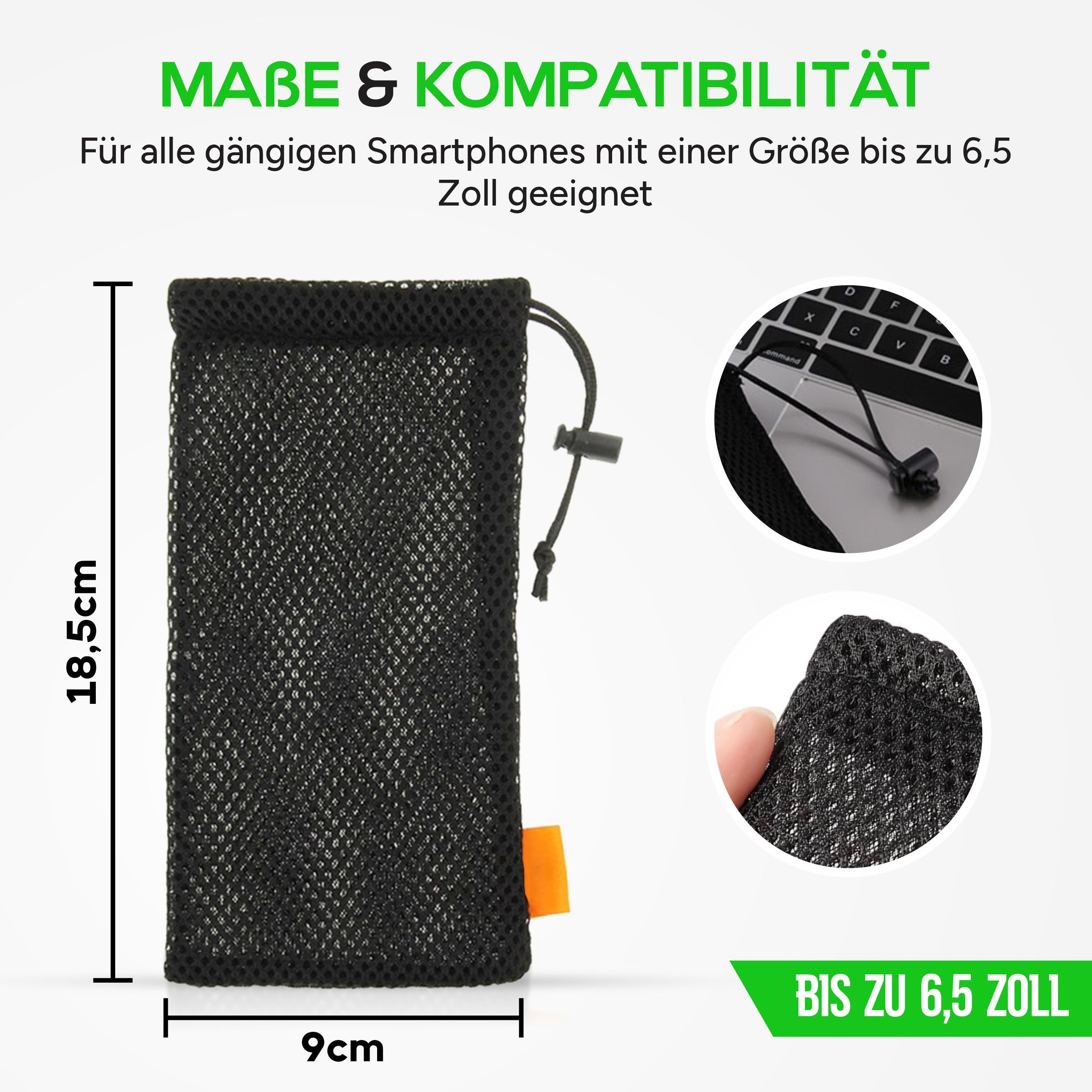 wortek Handyhülle Universal Handytasche Nylon Mesh Tasche Handysocke bis 6,5 Zoll, Netzbeutel mit Kordelzug für Handy, Powerbank, Kopfhörer uvm. – Bild 5 von 5