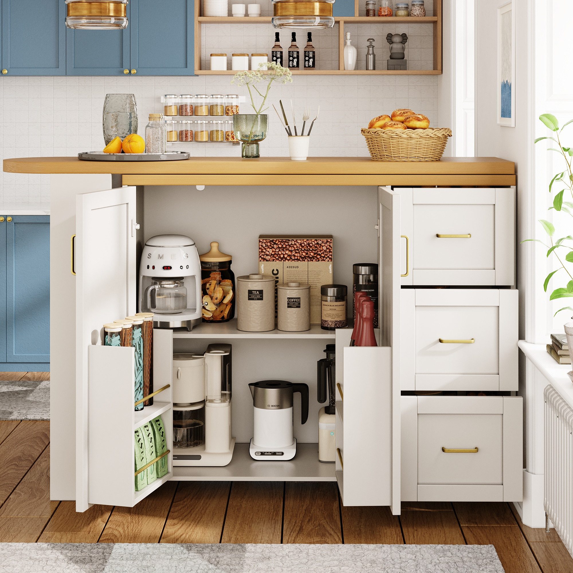 Flieks Bartisch 360° drehbar Esstisch & Mehrzweckschrank (Arbeitsplatte in Holzoptik, Set, 2-St., Stehtisch & Kommode mit Rollen, 3 Schubladen und Türablagen We – Bild 2 von 5