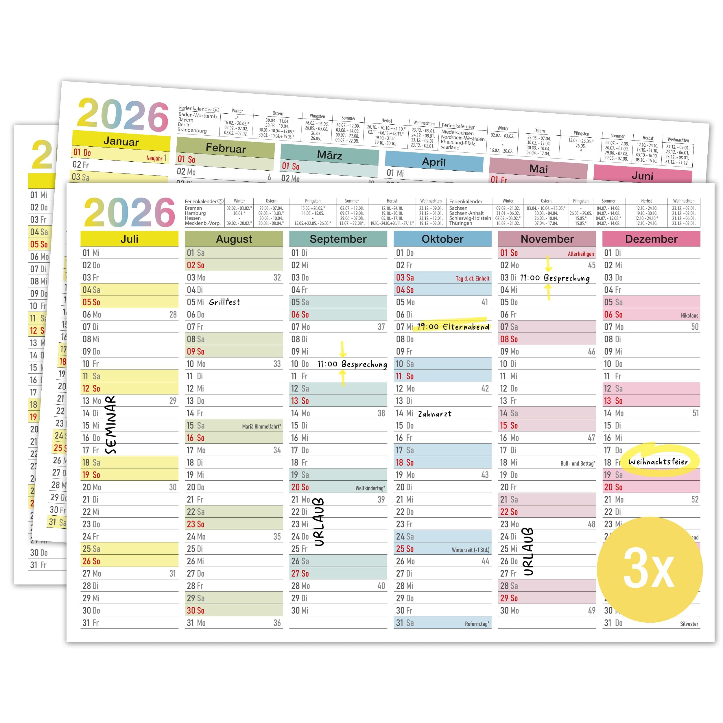 TOBJA Wandkalender A4 Tafelkalender Bunt 2026 3er Set, Wandkalender, Jahresplaner, Schulferien, Feiertage, Kalender 2026