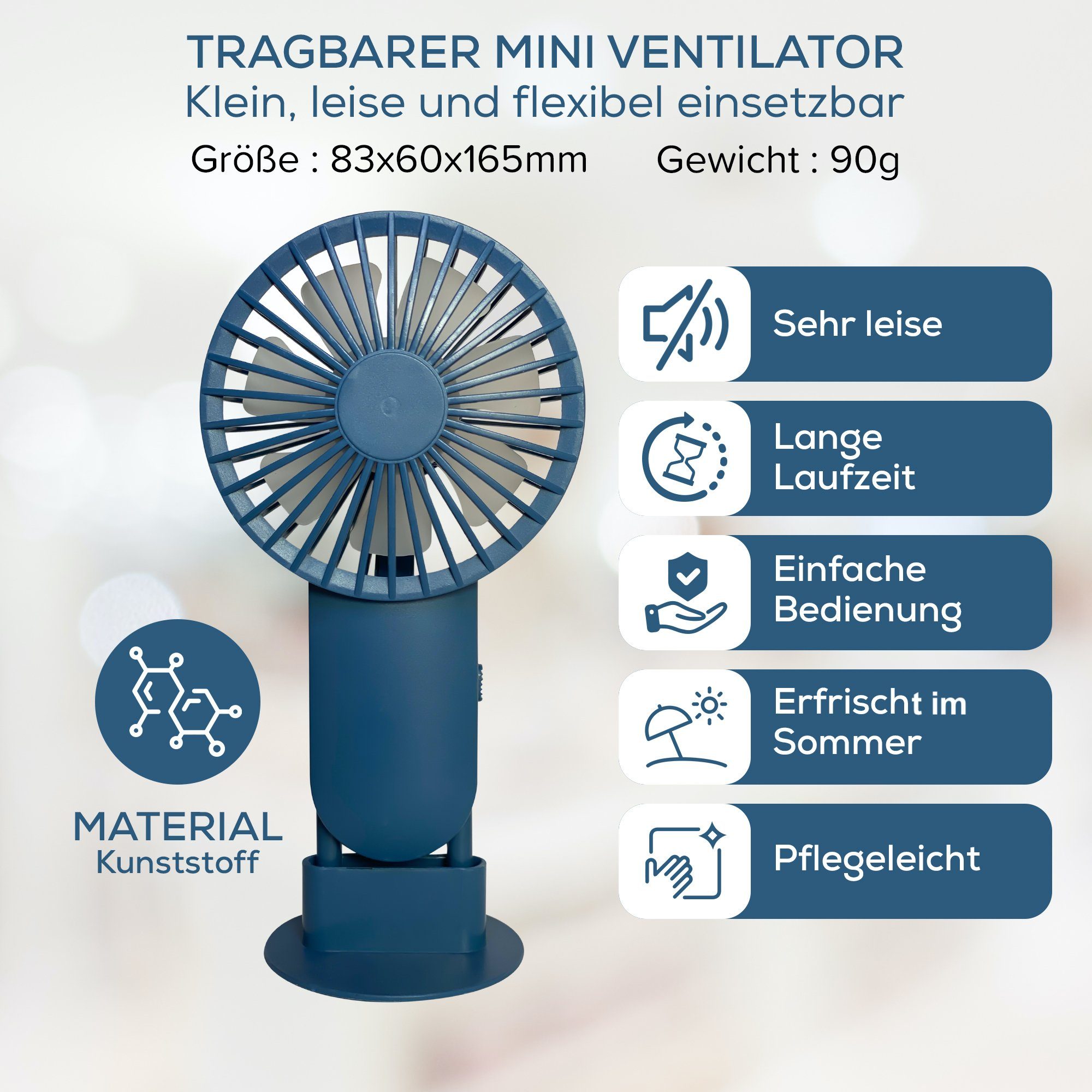 USB-Ventilator Hand Lüfter, Ventilator aufladbar tragbarer USB Ladens Blau Standfuss, Akku mit Mini Stufen, betrieb auch möglich wärend des Products 2 MAQETARA