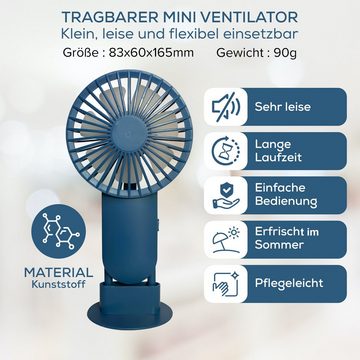 MAQETARA Products Mini USB-Ventilator Hand Ventilator tragbarer USB Lüfter, Akku aufladbar 2 Stufen, mit Standfuss, betrieb auch wärend des Ladens möglich