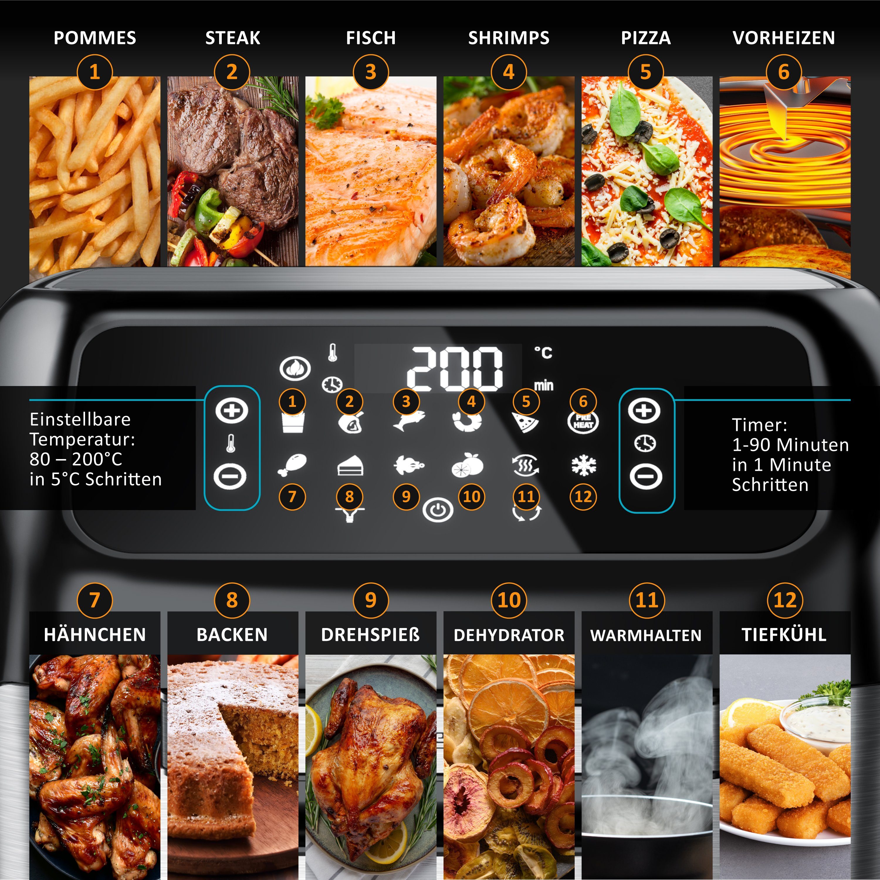 Arendo Heißluftfritteuse Airfryer 12L mit Zubehör, 4in1 Edelstahl Heissluftfritteuse XXL, 1800 W, Mini Backofen, Grill, Dörrautomat, Fritteuse ohne Öl, Umluft D – Bild 4 von 5