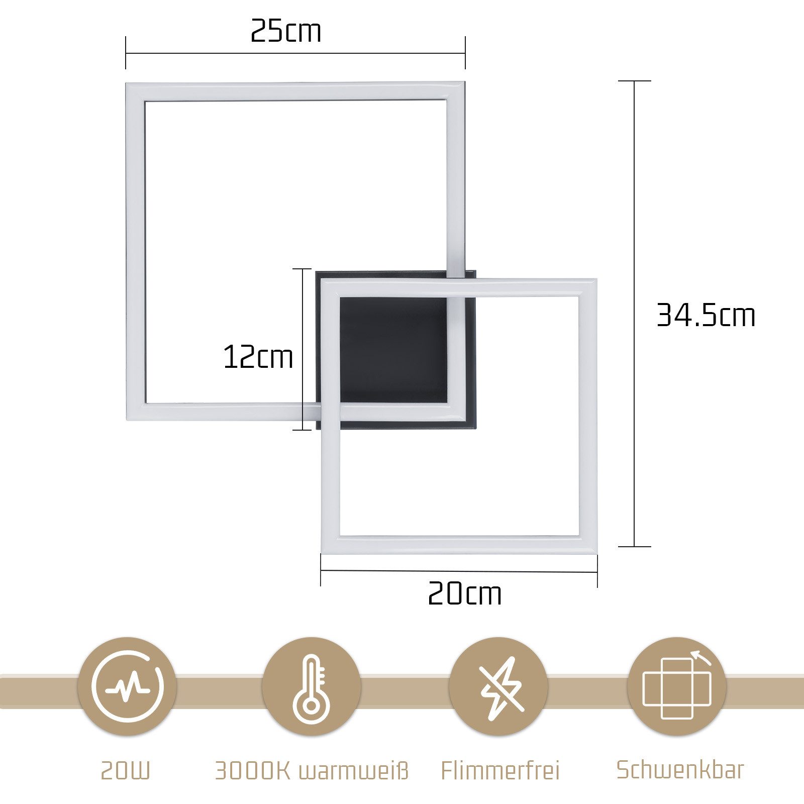 ZMH LED Deckenleuchte Wohnzimmer - Quadratisch Schwarz Eckig 3000K/4000K Deckenlampe Flur, Augenschutz, Einfache Installtion, LED fest integriert, Warmweiß