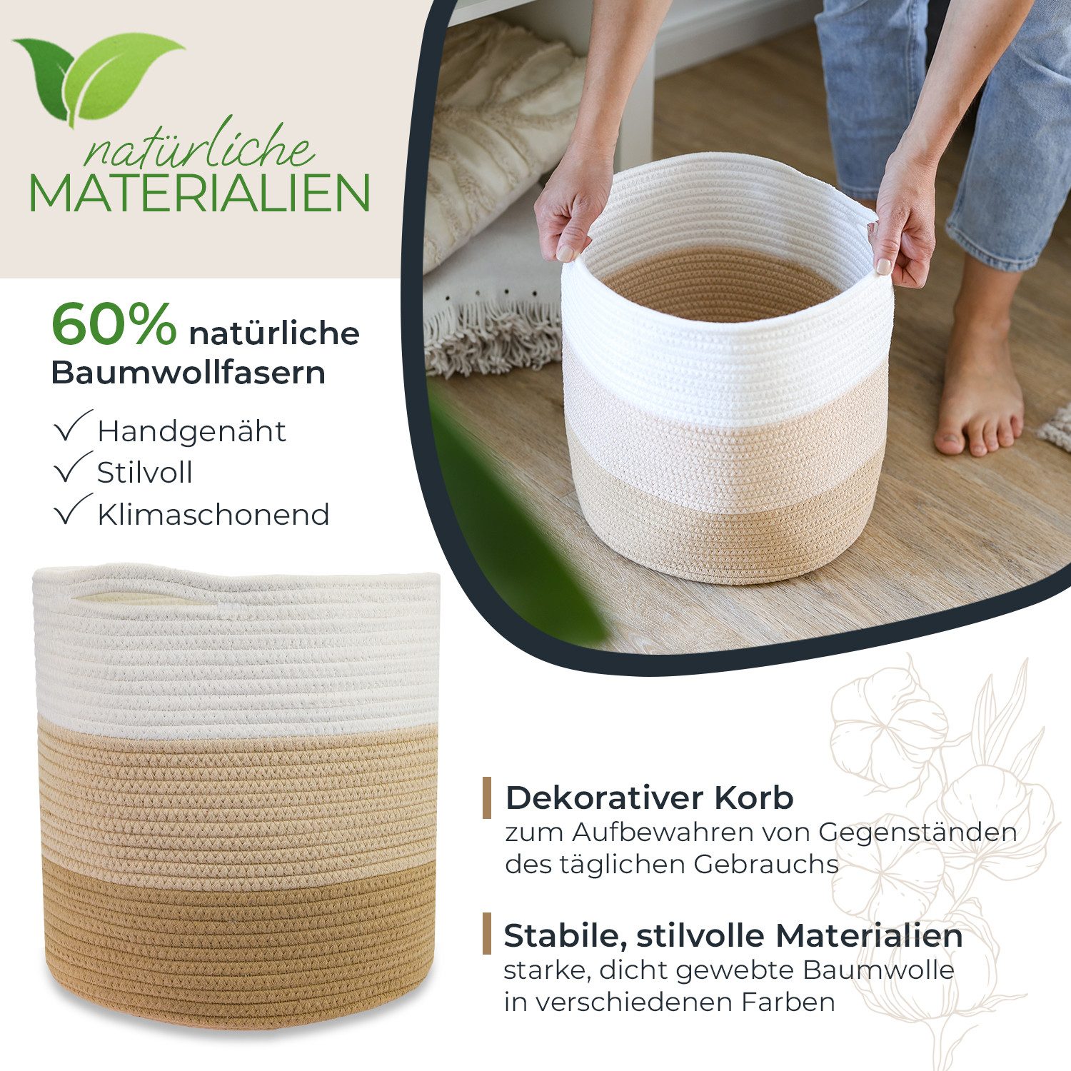 HMF Aufbewahrungskorb Aufbewahrungskorb mit versteckten Griffen, runder Korb passend für Kallax, 31 x 31 cm, Weiß-Braun