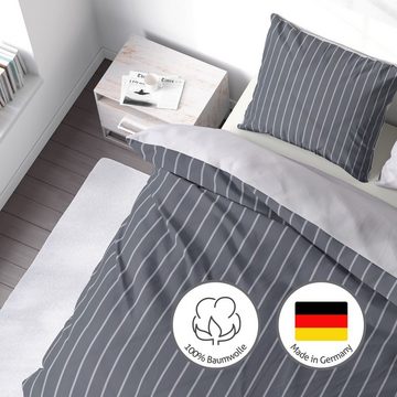 Bettwäsche Baumwoll Bettwäsche 155x220 Übergröße Grau - Gestreift, LINKHOFF, Flanell Biber Bettwäsche, Bettbezug + Kissen, Bügelfrei