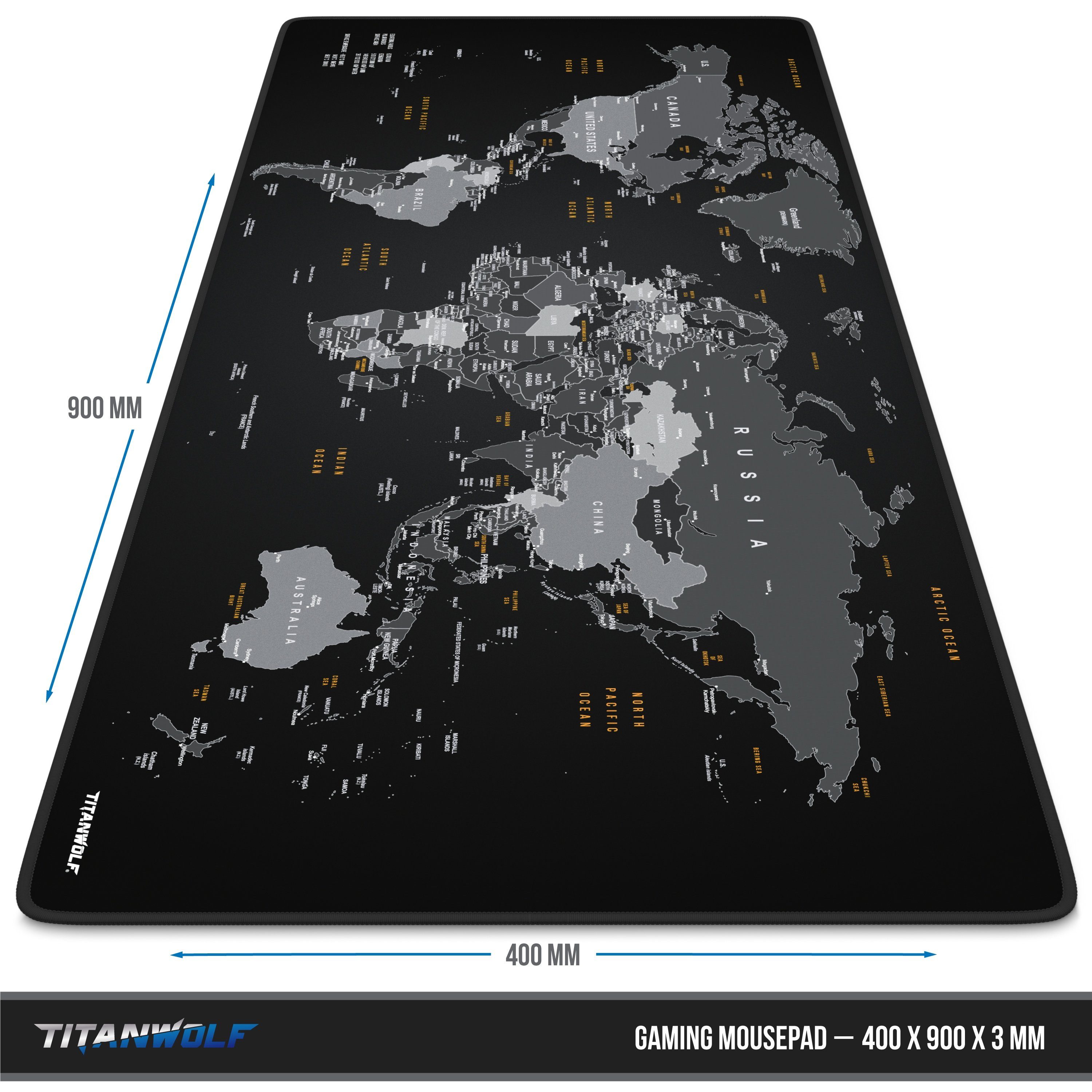 Titanwolf Gaming Mauspad XXL Speed Mousepad 900 x 400 x 3 mm, große Tischunterlage, rutschfest, abwaschbar, Geschwindigkeit & Präzision, Weltkarte Global