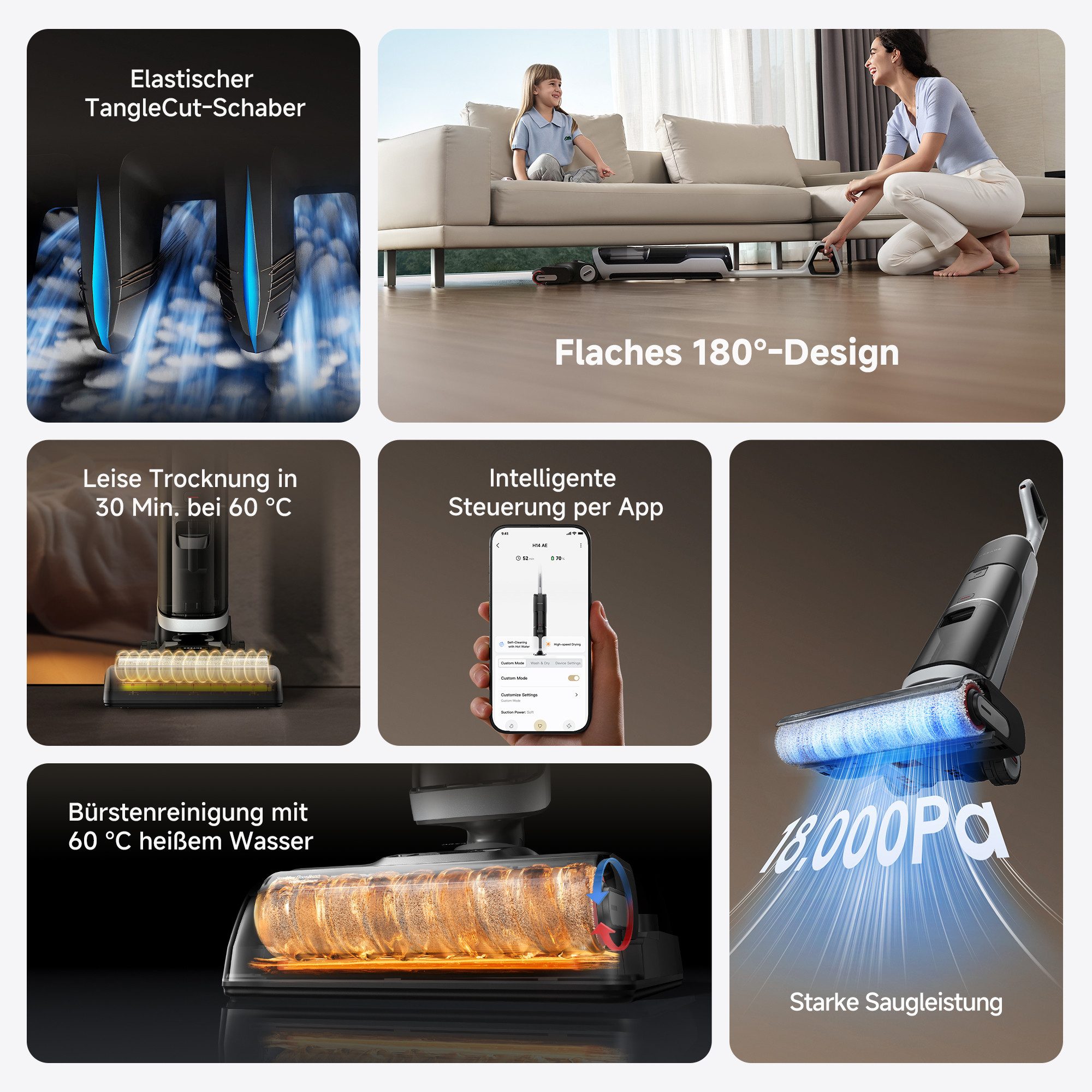 Dreame Nass-Trocken-Sauger Dreame H14 Tangle Cut mit 18.000 Pa Saugkraft, 400 W, Flexible und gründliche 180° Reinigung