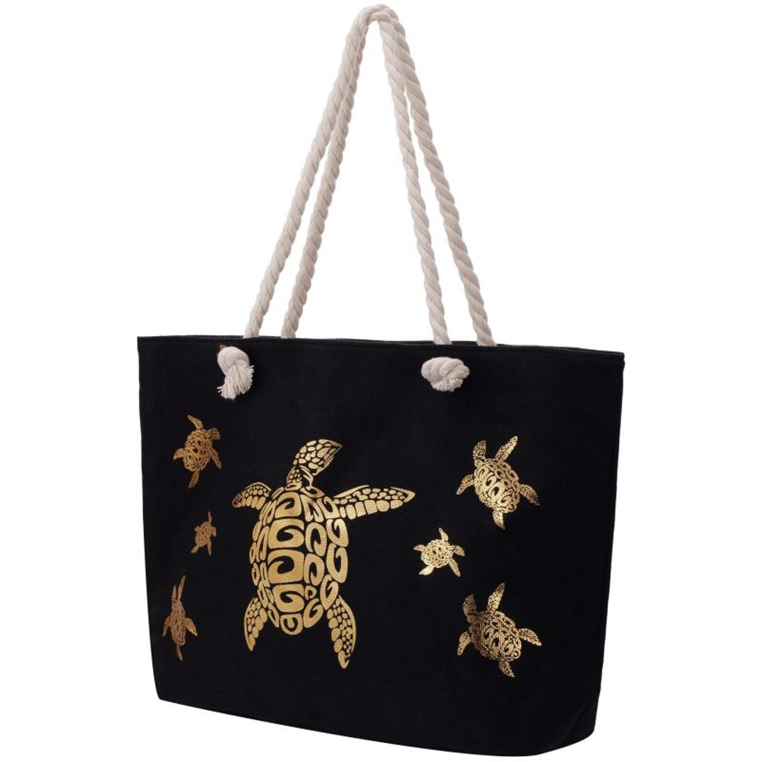KARMA Strandtasche Damen Schildkröte Creme od. Schwarz 54 cm Badetasche (Tasche für Strand, Urlaub, Pool, 1-tlg., See, Sommer, Freizeit, Shopper), mit Reißverschluss Polyester Innentasche