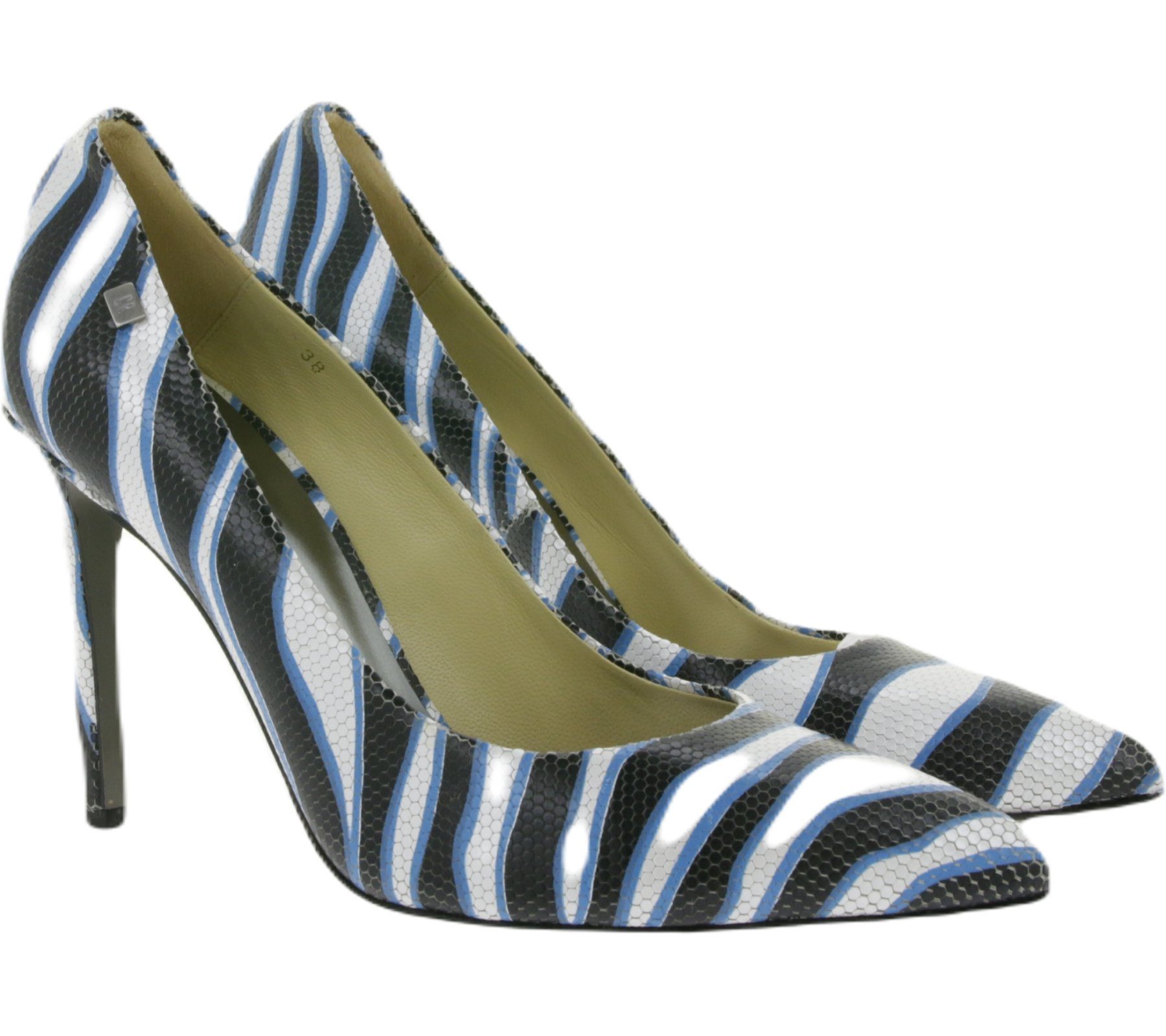 CR7 CR7 CRISTIANO RONALDO Tango Damen Echtleder Stilettos mit Zebra-Muster  Made in Portugal Absatz-Schuhe Schwarz/Weiß/Blau Pumps