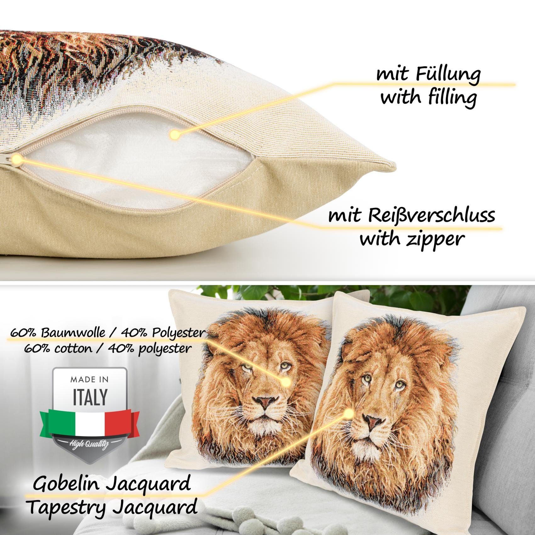 ANRO Dekokissen Royal Jacquard-Gobelin Kissen 45x45cm Dekokissen Bezug waschbar, Vintage mit Füllung mit Reißverschluss Löwe Beige