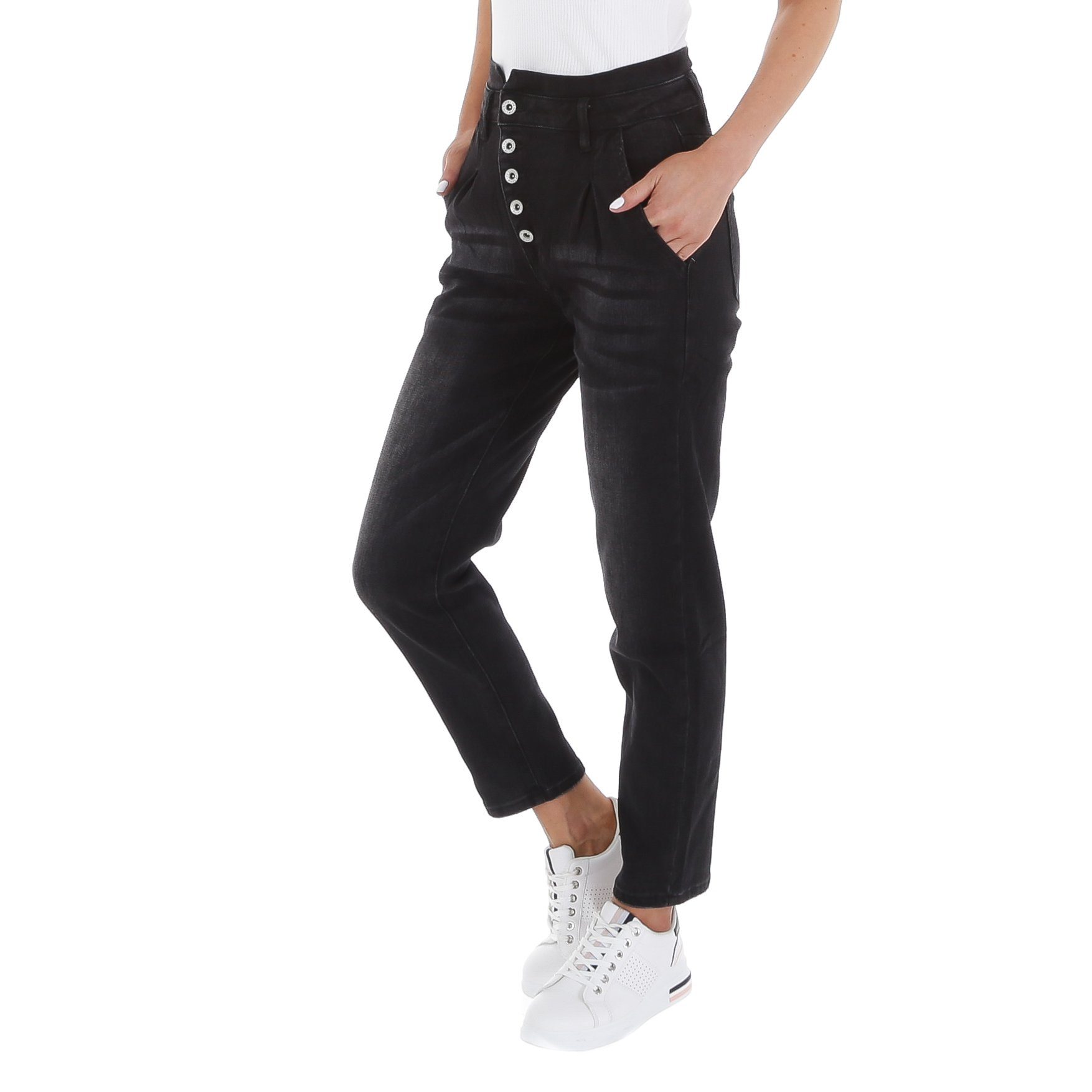 Damen Used-Look Waist Freizeit Ital-Design Stretch Schwarz Jeans in High High-waist-Jeans