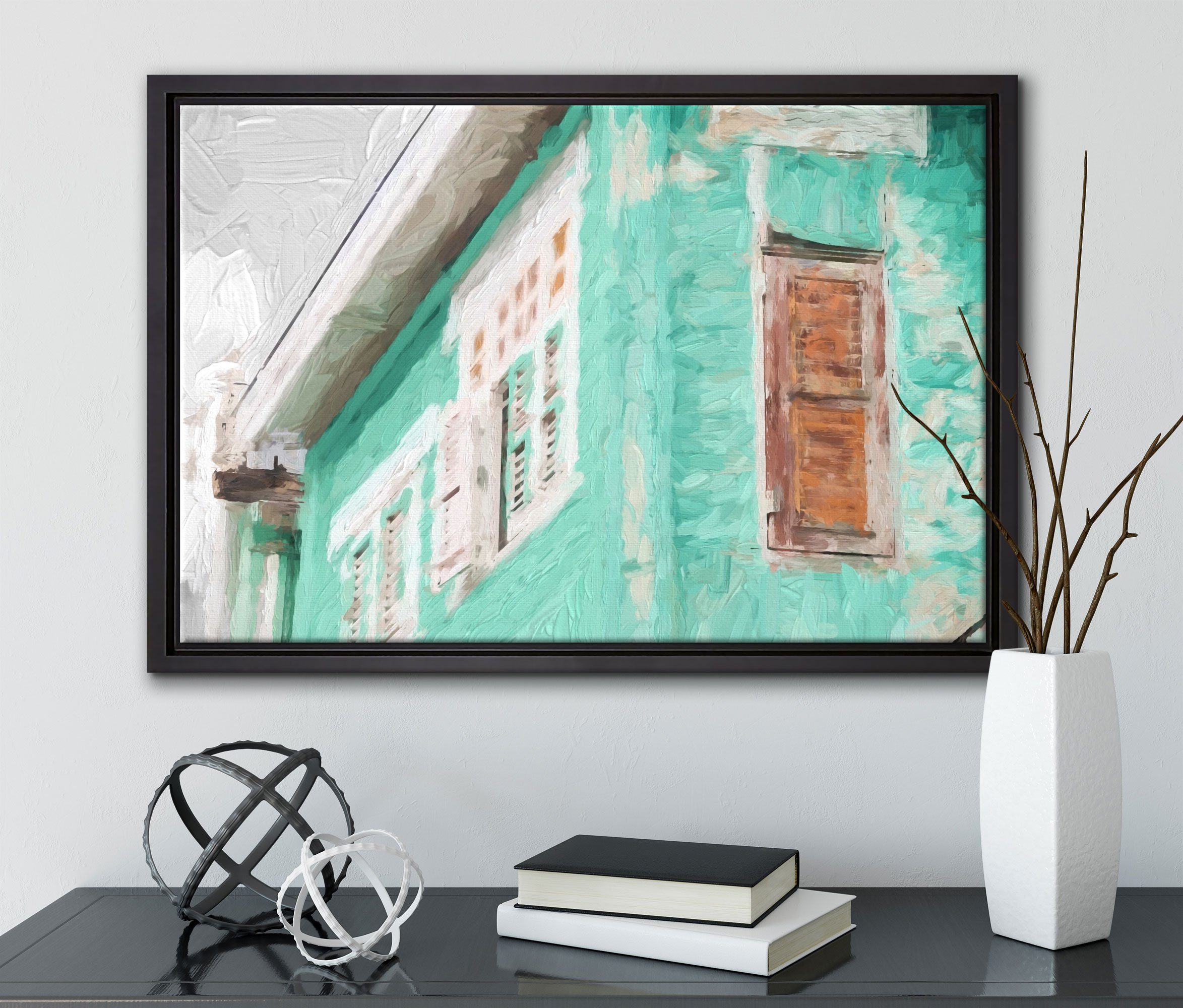 inkl. Leinwandbild Leinwandbild fertig Zackenaufhänger bespannt, Schattenfugen-Bilderrahmen (1 St), altes in karibisches Wanddekoration Pixxprint gefasst, einem Haus,