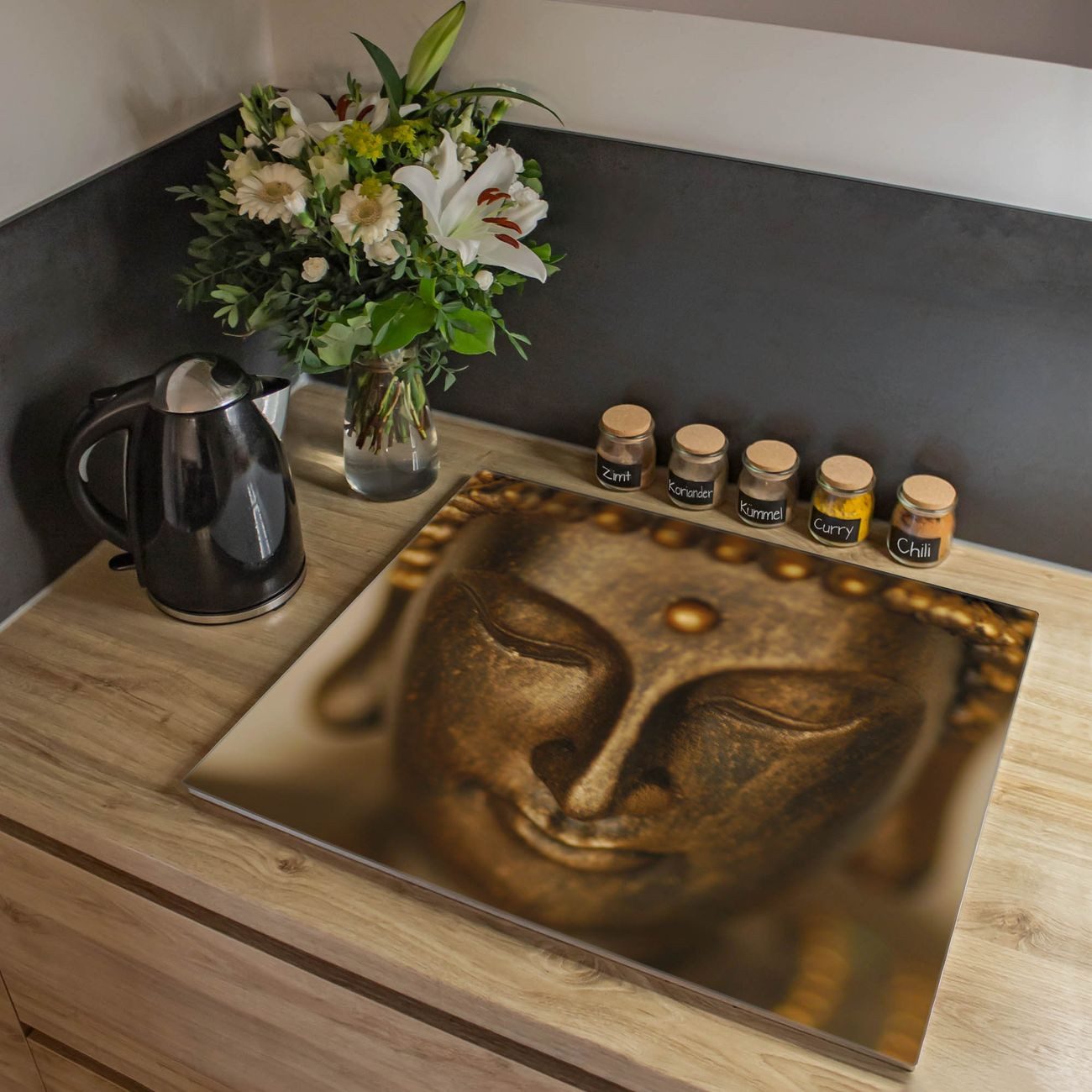 banjado Herd-Abdeckplatte einteilig aus Glas mit Motiv Buddha Gold, (gehärtet, 1 tlg., inkl. selbstklebende Gummifüßchen)