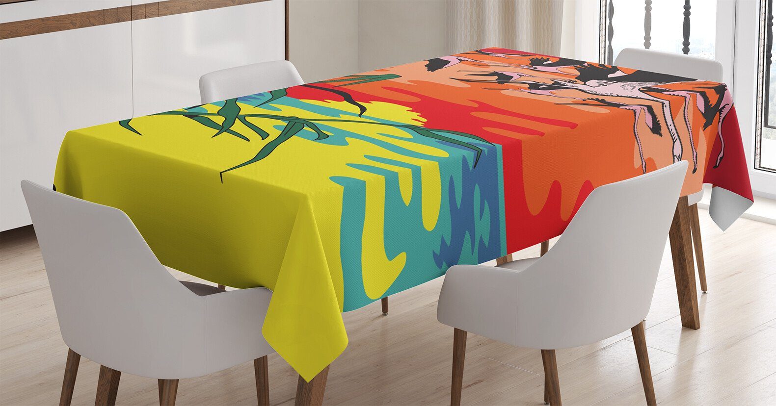 Abakuhaus Tischdecke Farbfest Waschbar Für den Außen Bereich geeignet Klare Farben, Flamingo Vögel in der Luft Kunst
