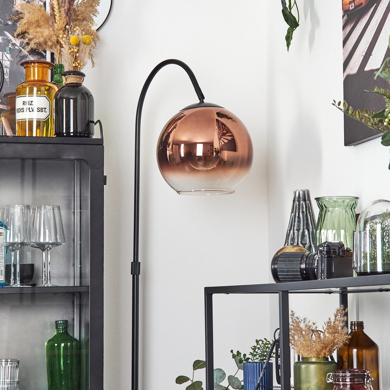 hofstein Bogenlampe Stehlampe aus Metall/Glas in Schwarz/Kupfer/Klar, ohne Leuchtmittel, moderne Retro Leuchte mit Glasschirmen (25 cm) u. Fußschalter, 1xE27