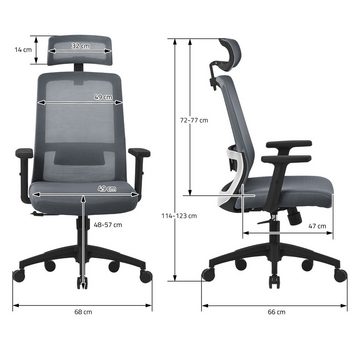 ML-DESIGN Bürostuhl Computerstuhl ergonomisch mit Verstellbarer Kopfstütze Gaming Stuhl, Schreibtischstuhl Grau mit mesh und Lendenwirbelstütze 68x66x123cm