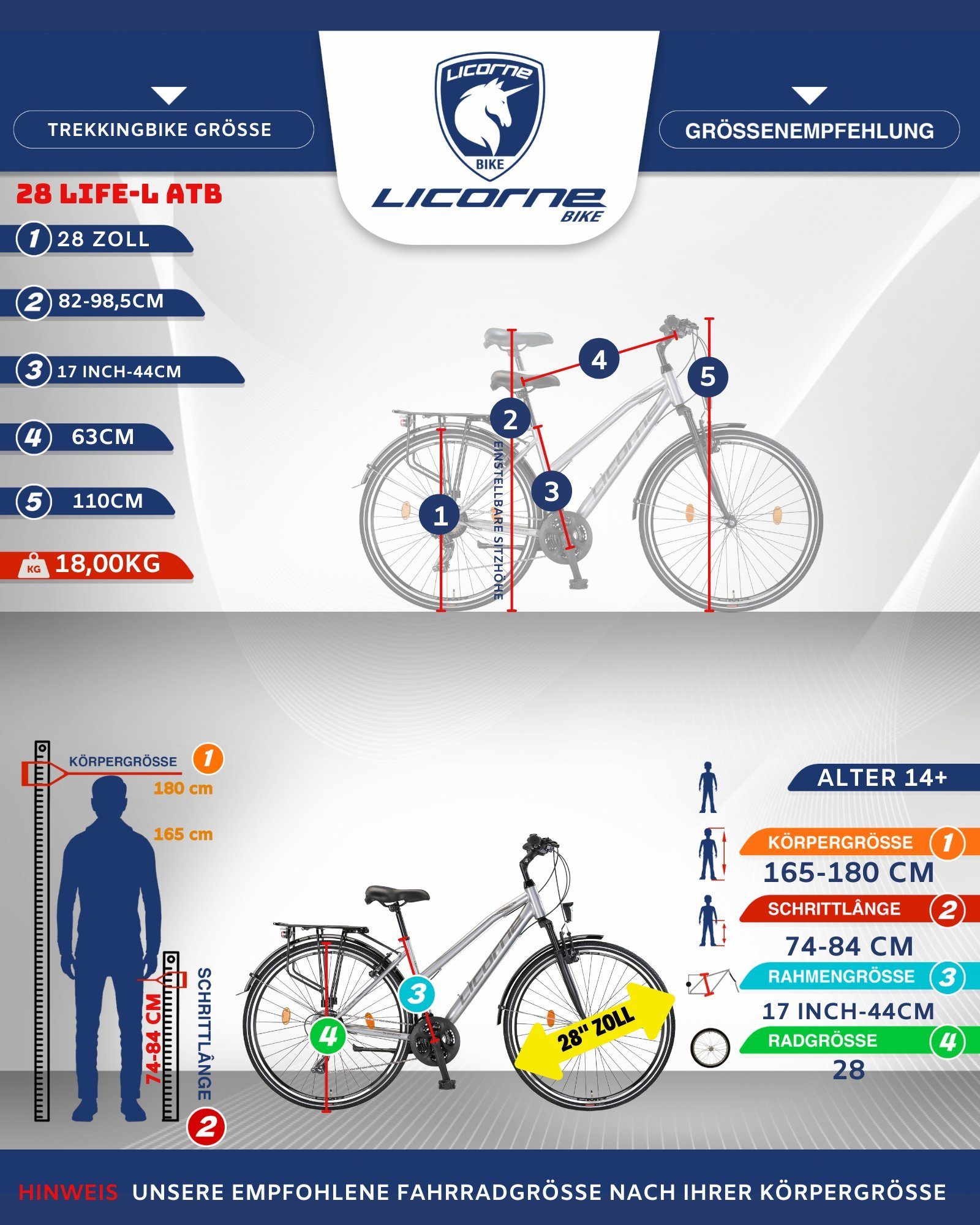 Gang 28 Bike Zoll, Bike in Bike Licorne Trekking Trekkingrad 21 L-V-ATB Grau/Schwarz Licorne Premium