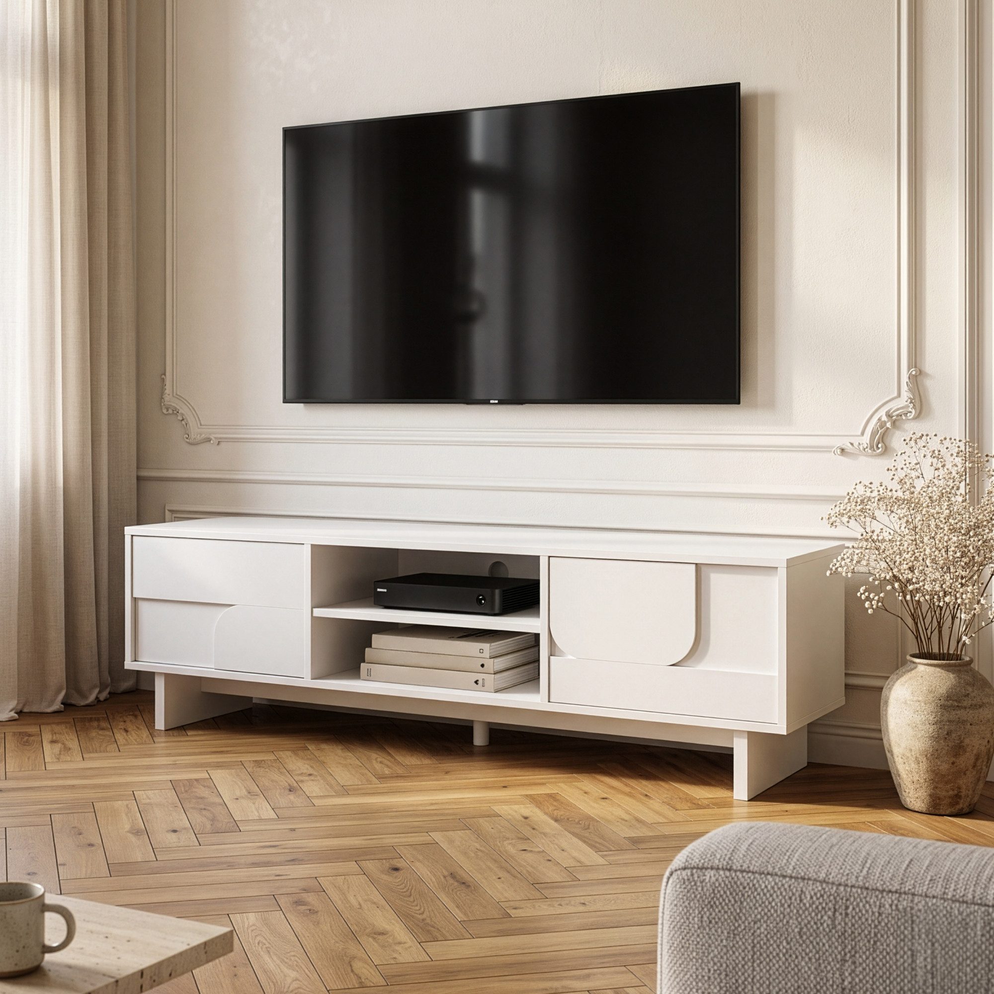 en.casa TV-Schrank »Katanshumn« 2 Türen 2 offene Fächer 150 x 39 x 45 cm Weiß