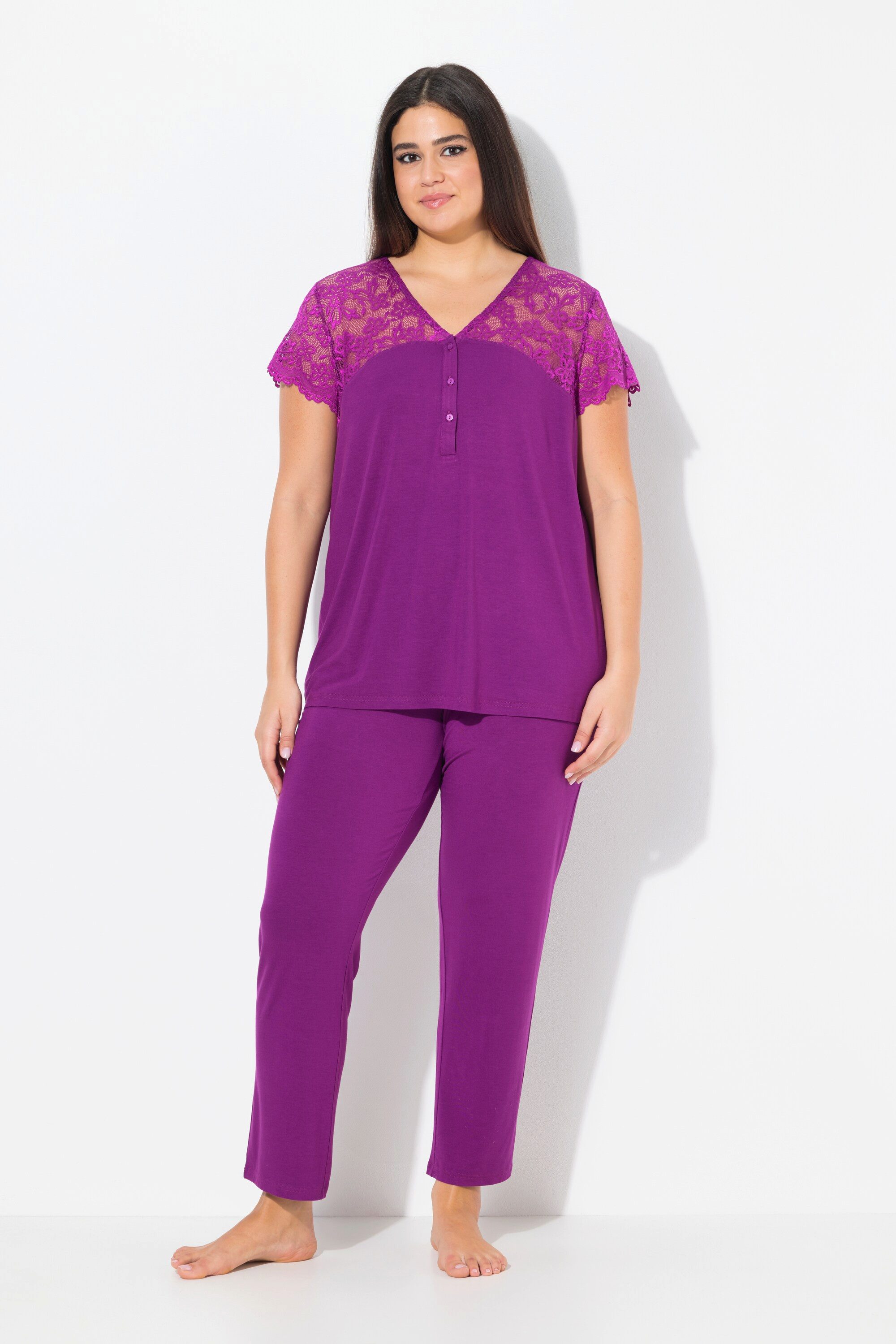 Ulla Popken Pyjama Pyjama Spitze V-Ausschnitt günstig online kaufen