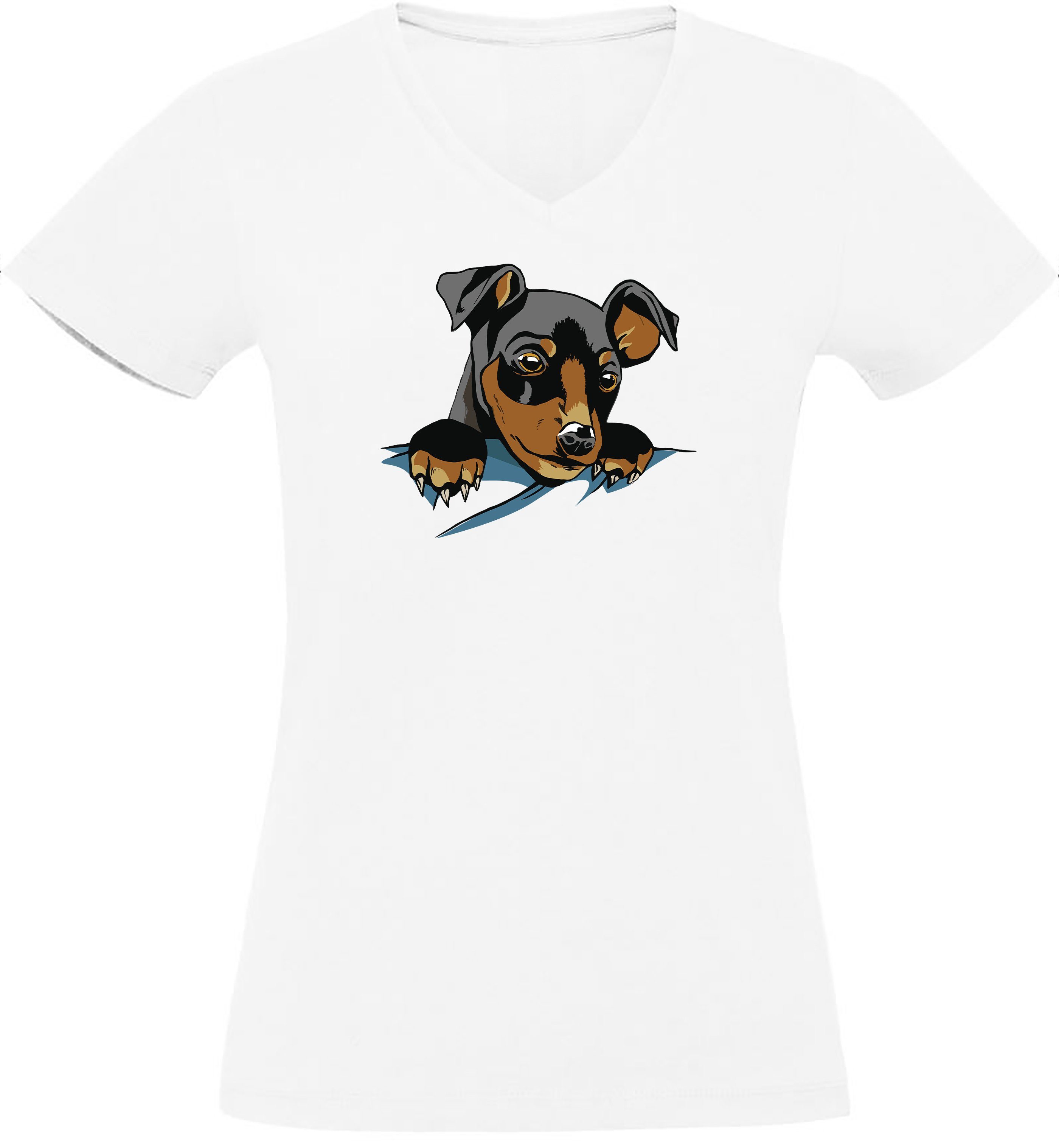 T-Shirt MyDesign24 Aufdruck, Shirt Slim mit Fit, Print Baumwollshirt - Hundewelpe Hunde weiss V-Ausschnitt i227 bedruckt Damen Süßer