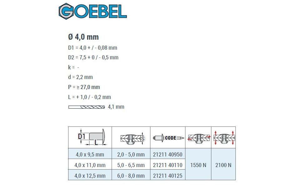 GOEBEL GmbH Blindniete 2121140950, (500x x CUP A2-V2A Senkkopf St., - Bechernieten Becher Edelstahl Blindniete Dicht-Becherblindniete mm, / 4,0 9,5 500 Dichtnieten), Aluminium Dichtblindniete