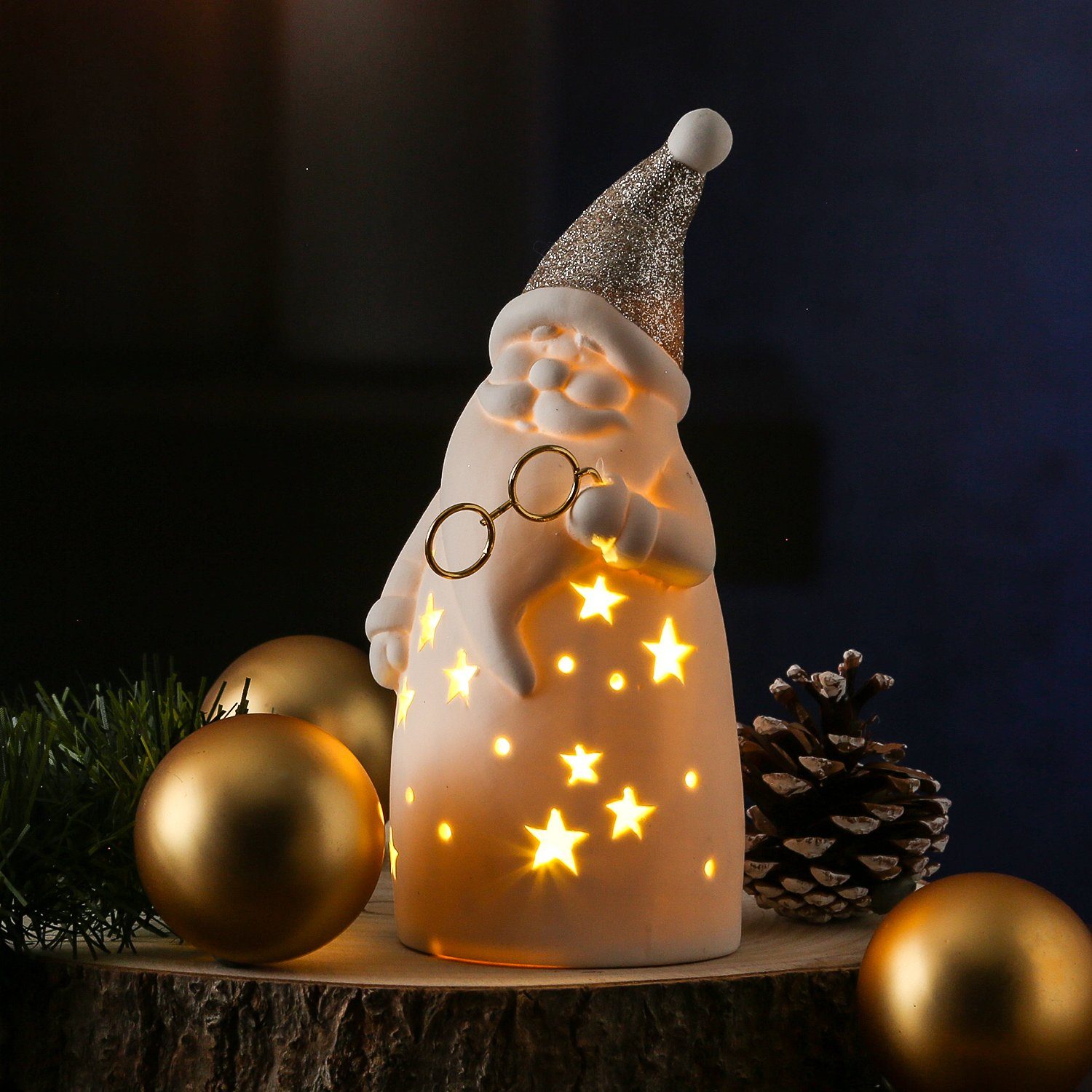 MARELIDA Weihnachtsmann LED Weihnachtsfigur mit Brille glitzernde Mütze H: 19,5cm weiß gold (1 St)